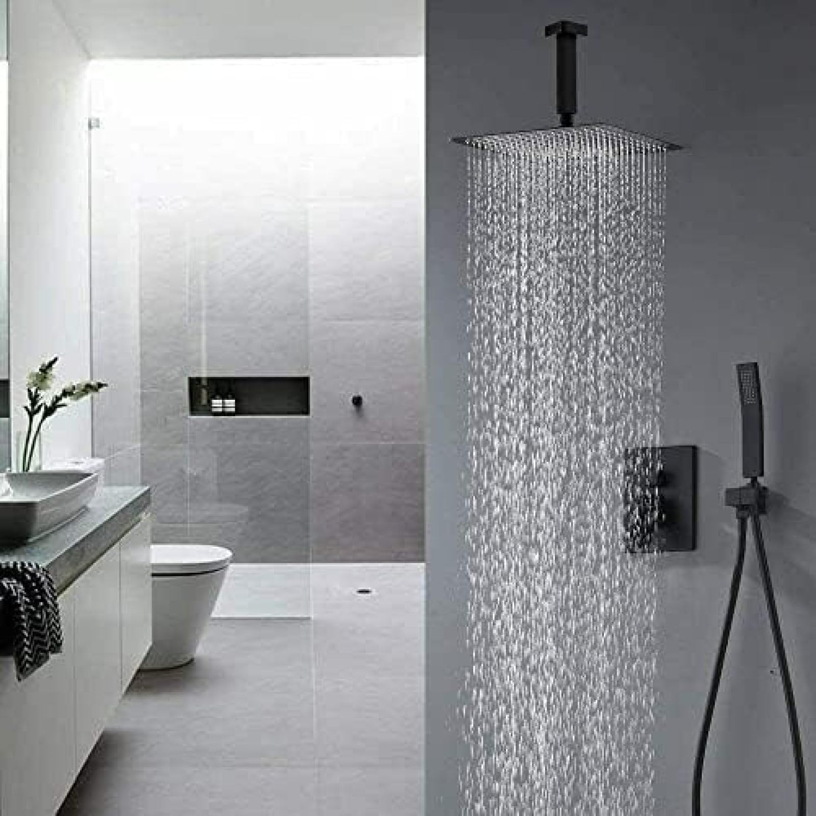 SWENEEN Handheld Showerblack Shower System Set With Rain Shower And Hand Shower Mixer Tap Ceiling Mounted Shower System Bathroom Mixer Tap Shower Combo Set 12 Inch 8 Inch Shower,12 Inch
