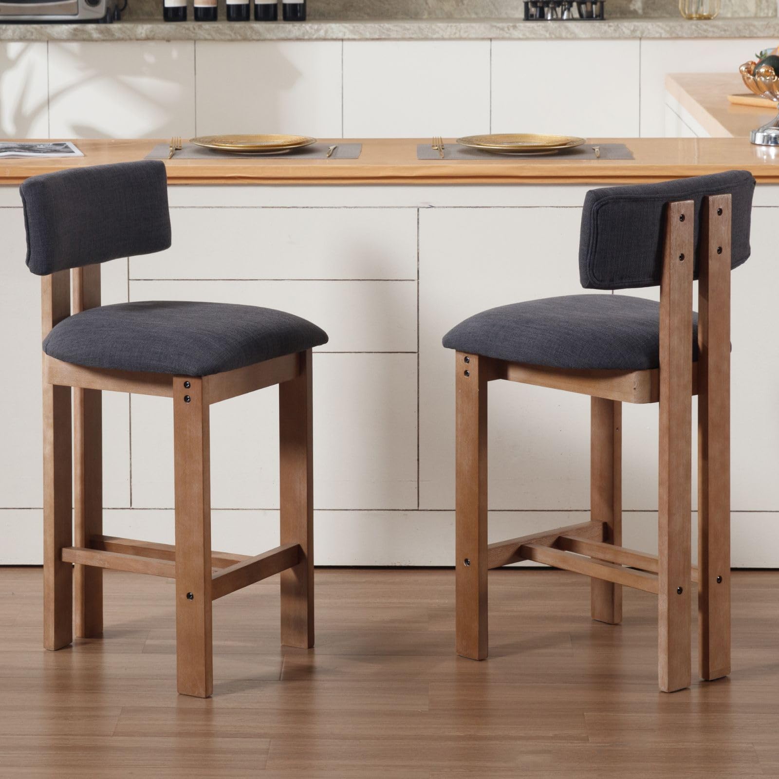 Juego de 2 Taburetes Altos de Cocina de Lino con Patas de Madera, Sillas Altas de Cocina con L-Shaped Respaldo y Cojin Suave, Taburetes de Bar para Isla de Hogar/Restaurante,Negro