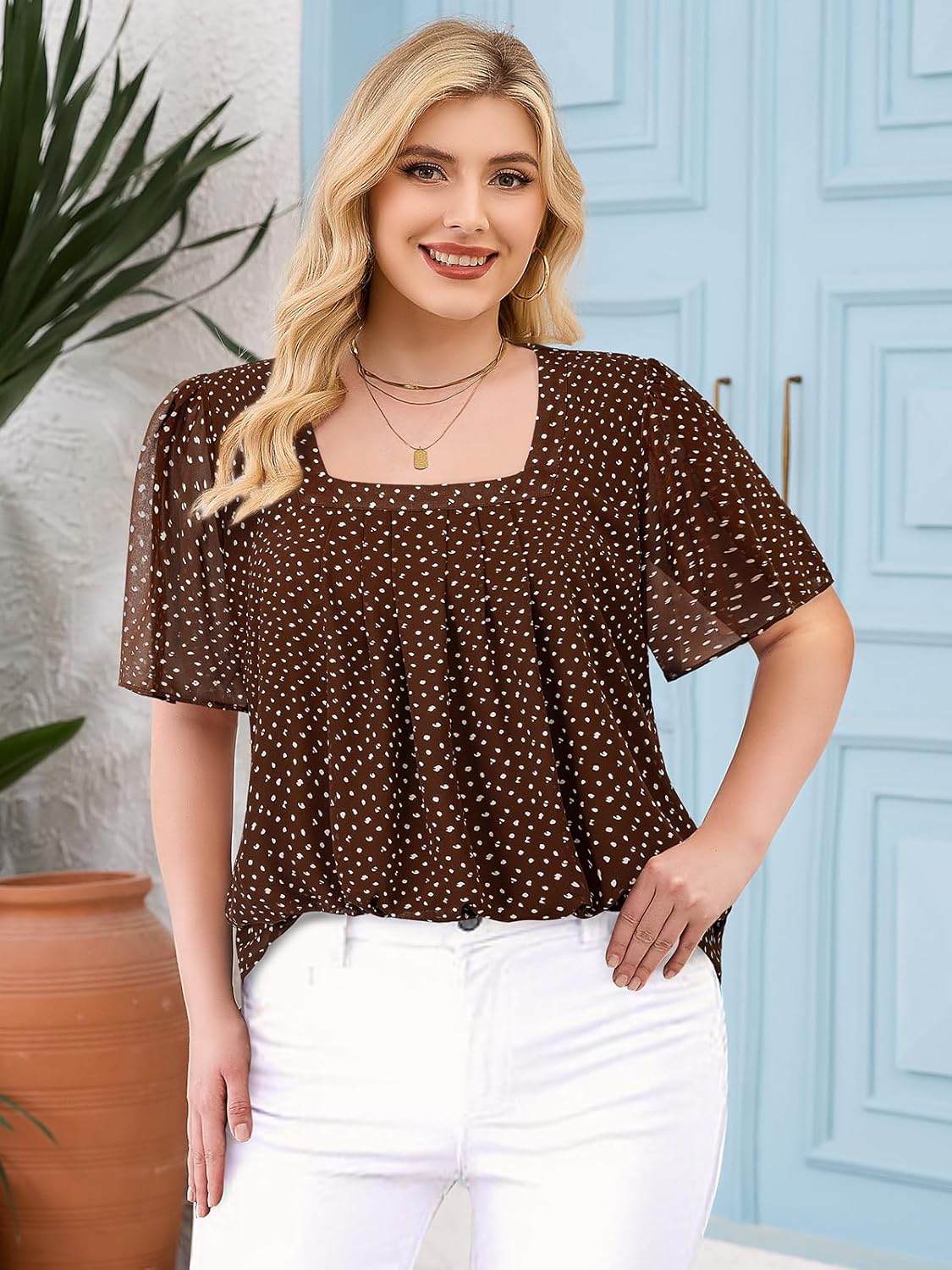 Siddhe Plus Size Chiffon Tops for Women Short Sleeve Square Neck Summer Dressy Blouses Loose Tunic - Image 3