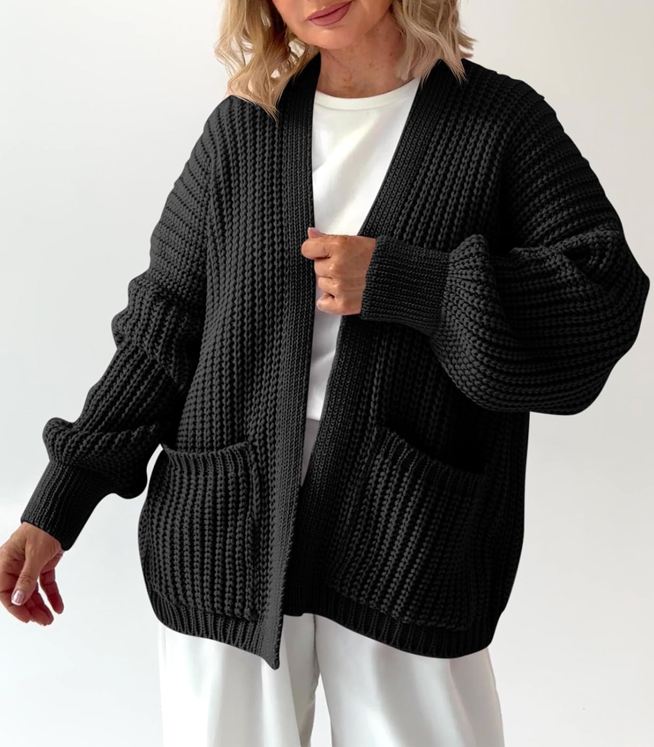 Saodimallsu Womens Oversized Cardigan Ribbed Chunky Knit Long Lantern Sleeve Open Front Fall Sweater Coats - Image 2