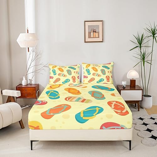 Miniatura 5 de Erosebridal Juego de sábanas para niños, tamaño Queen, sábanas costeras de playa, juego de ropa de cama de rayas abstractas amarillas, juego de