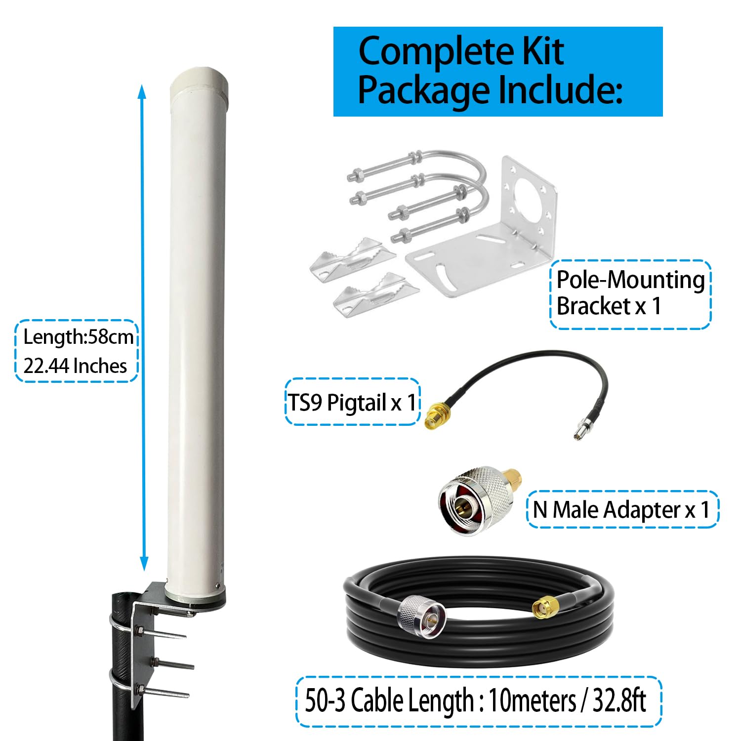 Antenna 5G 4G LTE omnidirezionale a banda larga per esterni, a lungo raggio, 698-3800 MHz 12dBi per Verizon, AT&T, router T-Mobile, ripetitore del segnale cellulare, include connettore TS9 e