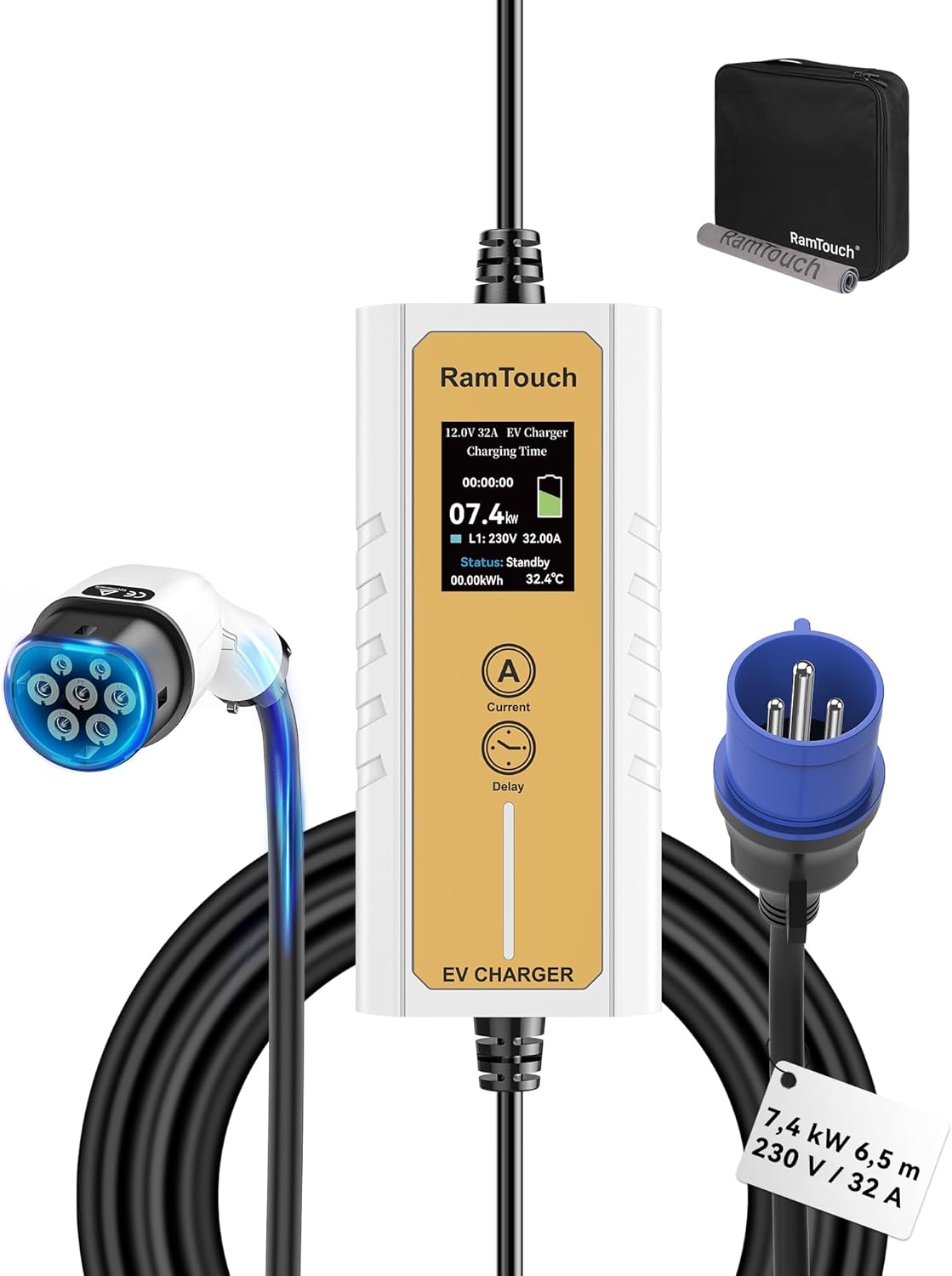 RamTouch Cargador para Coche Eléctrico (7,4 kW, 6,5 m, Tipo 2, CEE 32A) – Cargador para Vehículo con Corriente Regulable 6A-32A, Carga Retardada/Programada, Cable de Carga Tipo 2 para Híbridos y Eléctricos