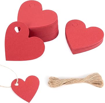 100 Pcs Red Paper Heart Gift Tags with String, 2.4" x 2.6"