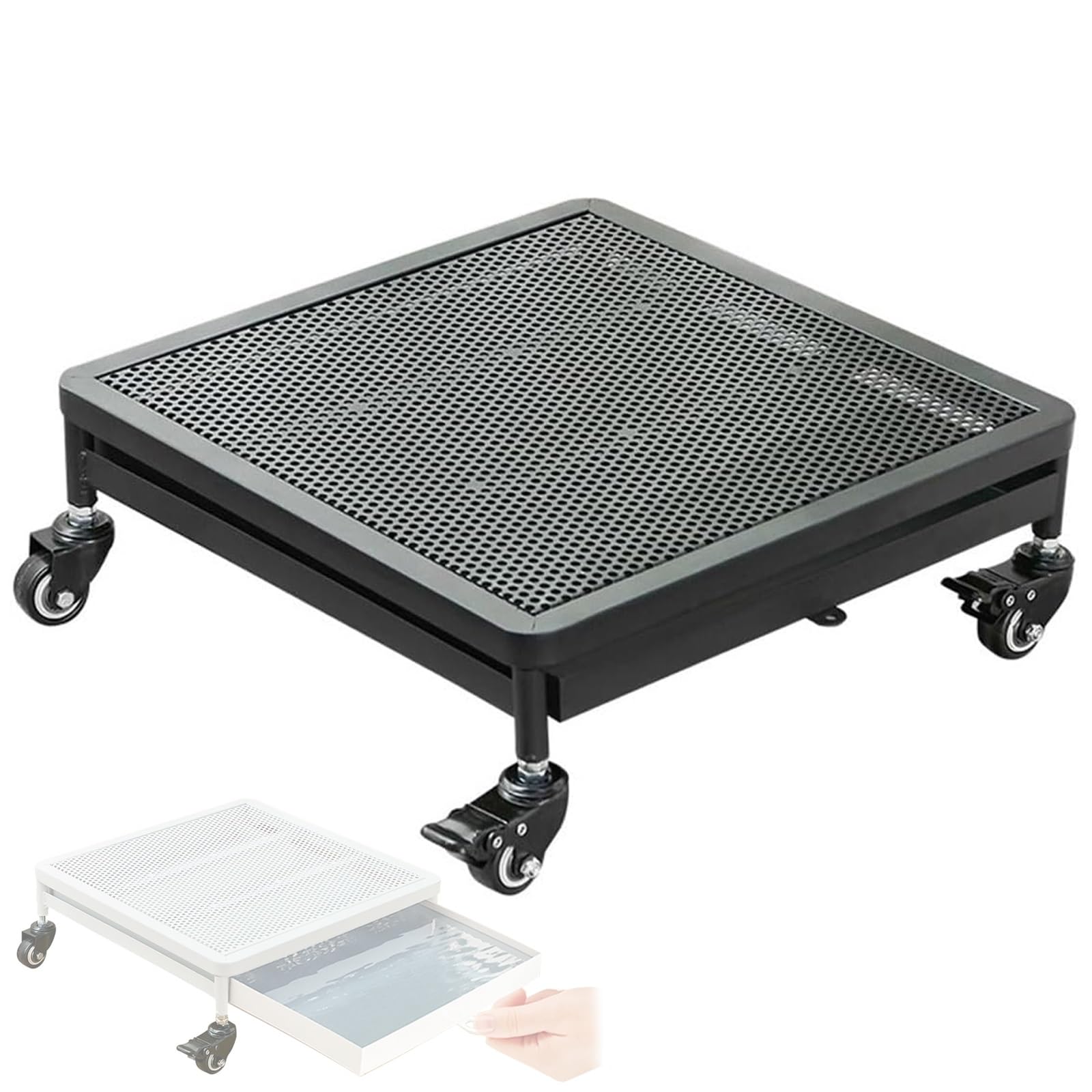 Bac Rectangulaire Bac Vidange Huile Moteur en Métal avec Bac à Eau Roues Verrouillables pour Intérieur et Extérieur(Black,30x30cm/12x12in)