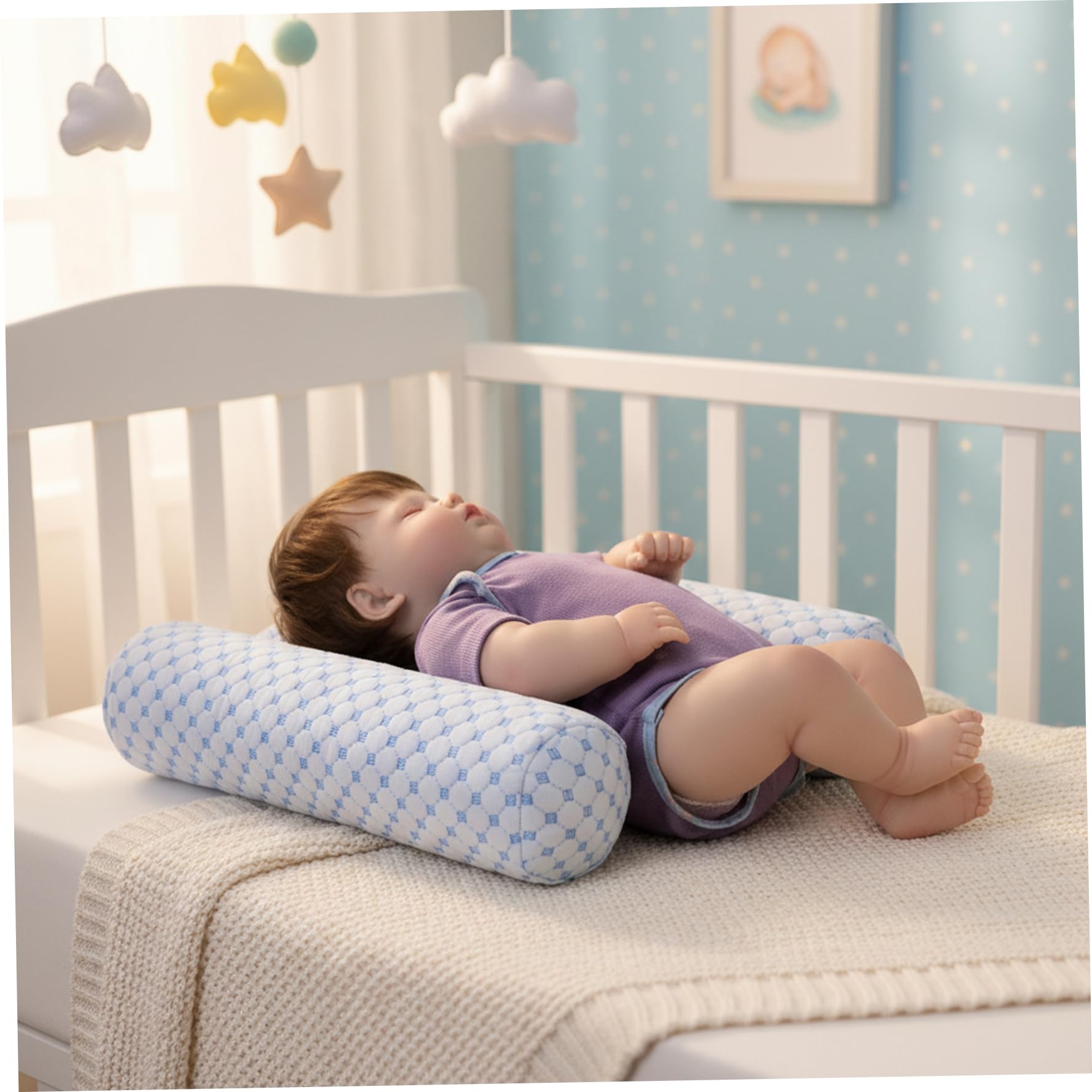 Oreiller Anti-roulis pour bébé, cale de Couchage latérale réglable et Respirante pour bébé, Oreiller de Reflux Amovible et Lavable pour bébés Bleu, cale Couchage latérale