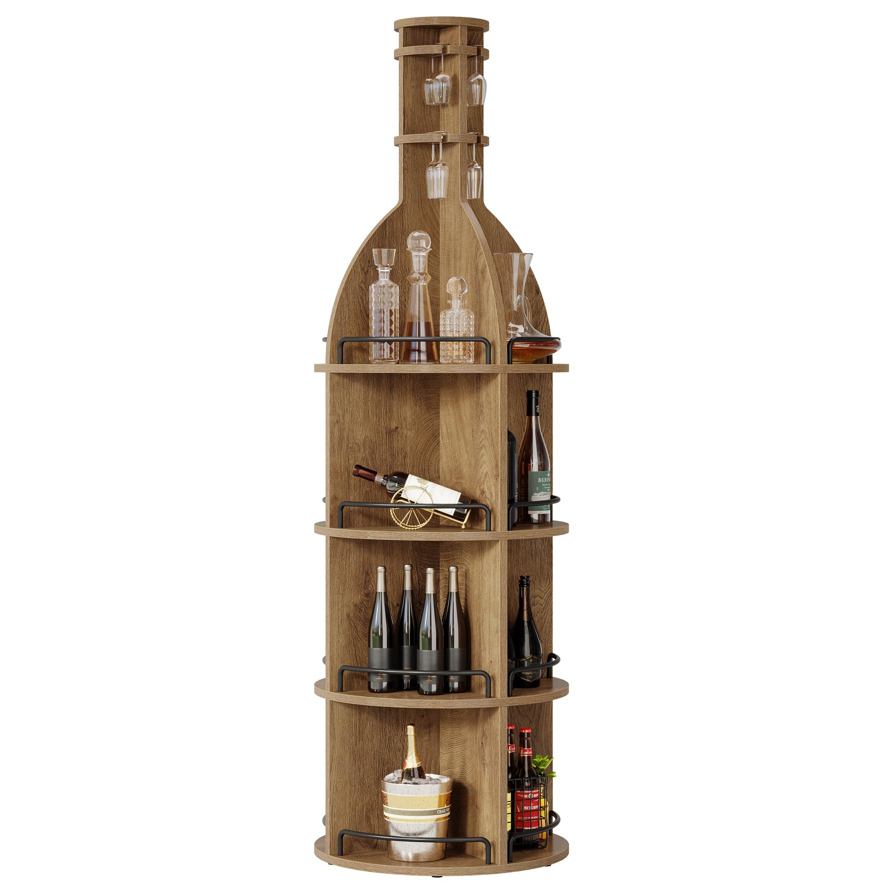 Tribesigns Étagère à Vin avec Tablettes de Rangement, 190 cm Casier à Vin Industriel Rond avec Porte-verres Suspendu, Présentoir à Bouteilles Autoportant pour Salon, Cave, Marron (Sans Éclairage, 1PC)