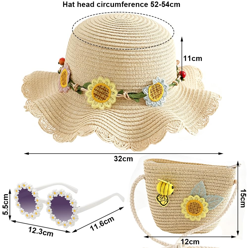 Girasoles Sombrero de Paja Niñas, Gorra de Sol Chica y Bolsa de Paja Set Gorro de Playa Gafas de Sols Playa de Verano Sombrero Mini Bolsa Cruzada de Pajas Sombreros para Viaje Beach Piscina(Beige)