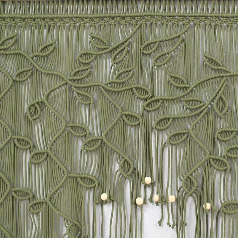 Macrame Valance Curtain for Kichen Windows 33.46x37.4Inch Farmhouse Boho Leaves Curtains for Bedroom Window Valance Green Leaf Tassels Macramé Wall Curtain Wooden Bead Macrame Wall Hanging