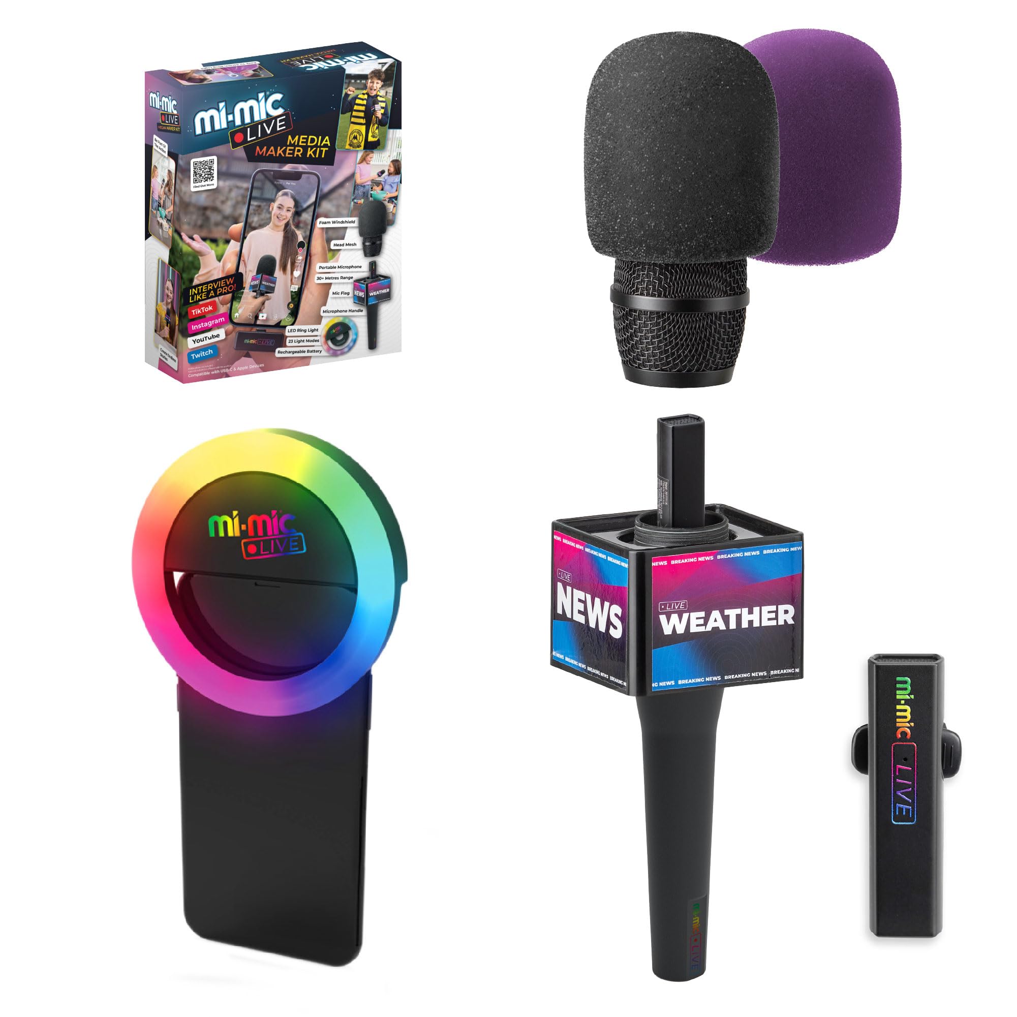 Mi-Mic Live Media Maker Kit with 25m Wireless Microphone, Clip On Lapel Mic and LED Ring Light, Clear Sound For Content Creation