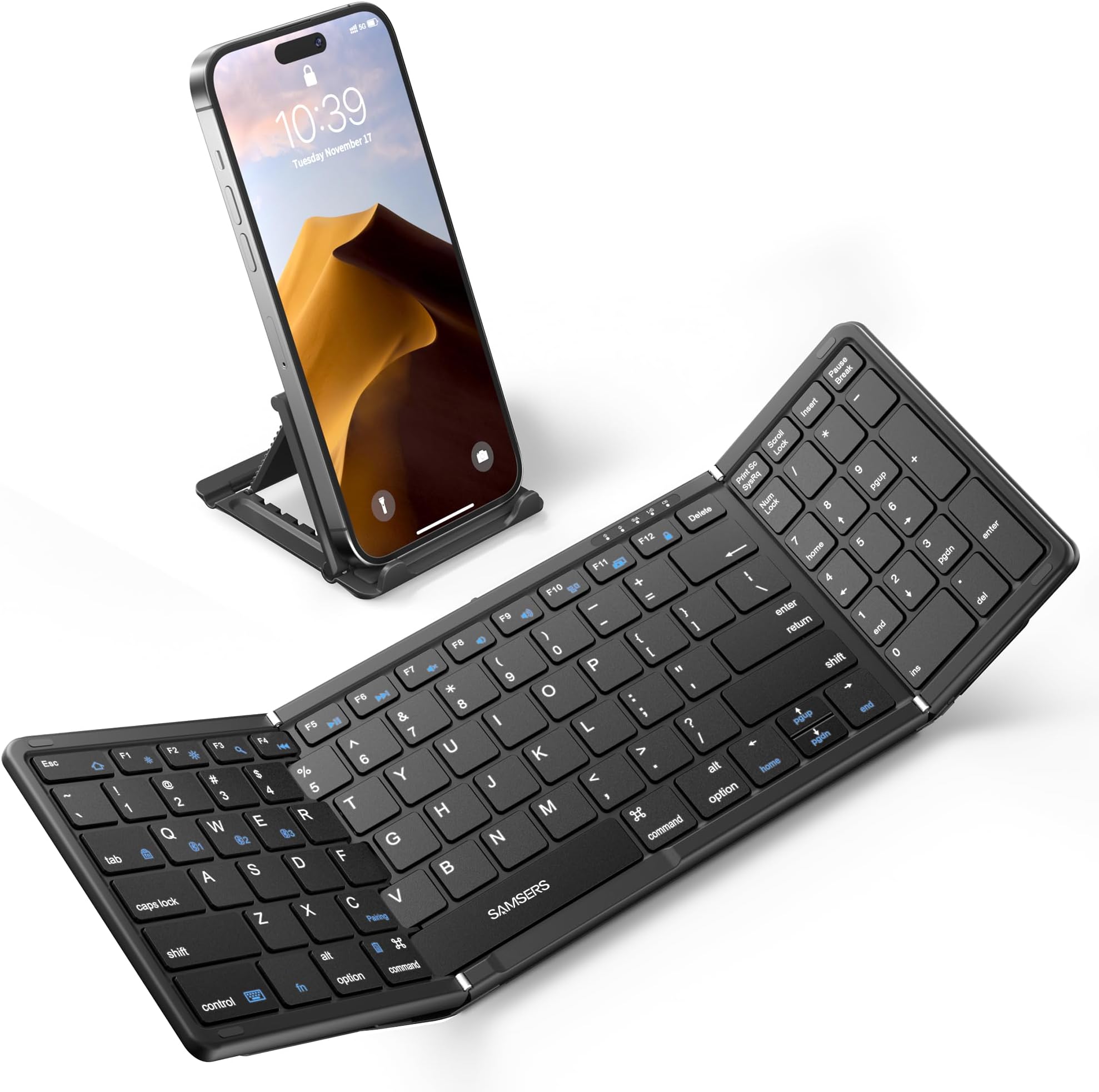Full-Size Foldable Bluetooth Keyboard with Numeric Keypad, Wireless Folding Keyboard, Compatible with Windows, Mac OS, iOS, Android