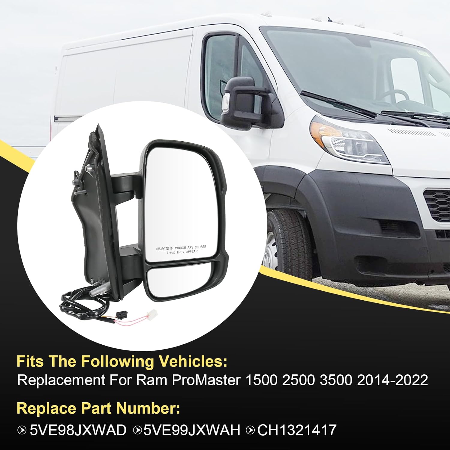 door mirror right passenger side replacement for ram promaster 1500 2500 3500 2014-2022, replace 5ve98jxwad ch1321417, black 2pins right passenger side 2pins