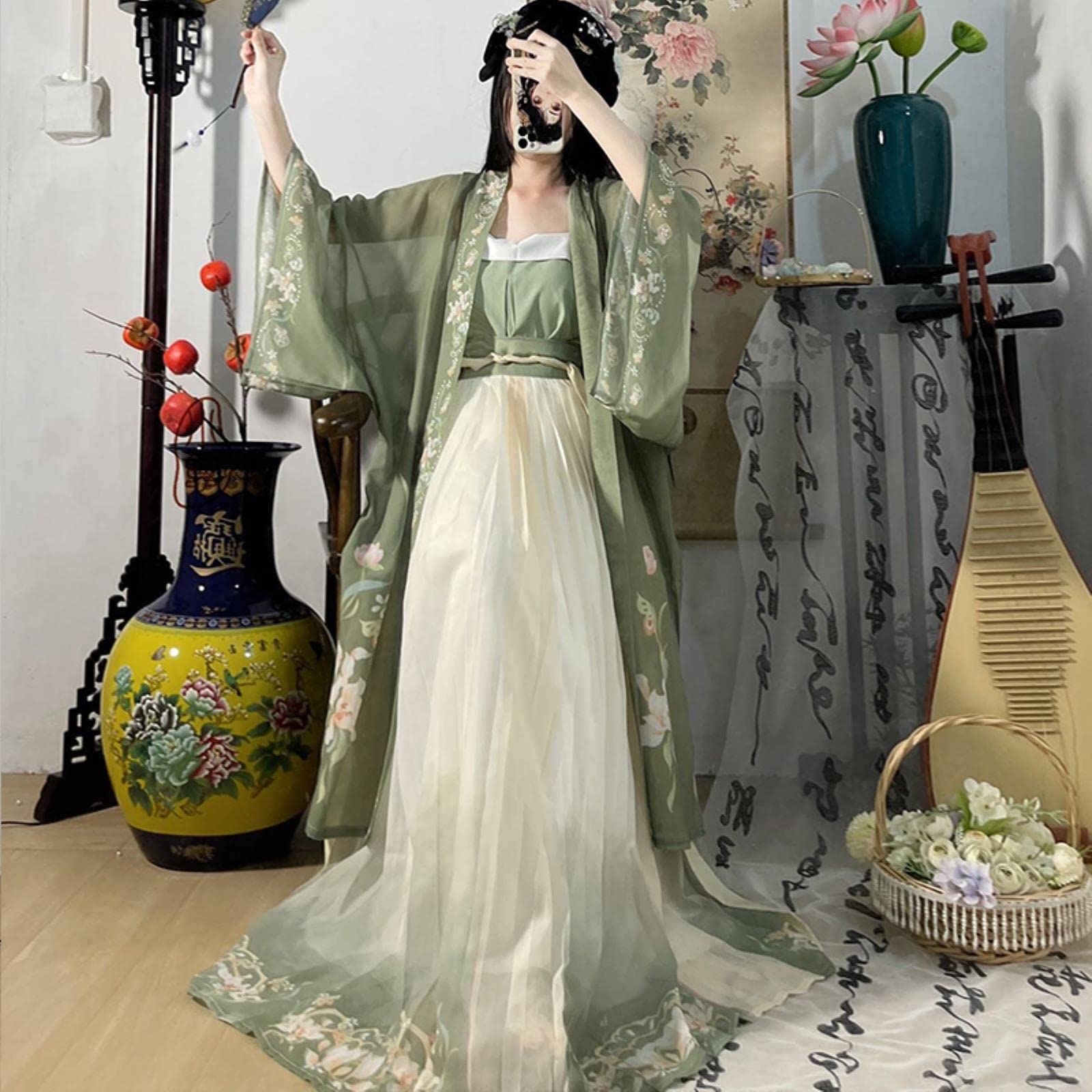 Chińska sukienka Hanfu 3 sztuk zestaw herbata zielona płynąca sukienka maxi chińskie starożytne kobiety sukienka haftowana kostium do strzelania ukończenie szkoły-jeden zestaw 3 szt., L, CN (tylko 1