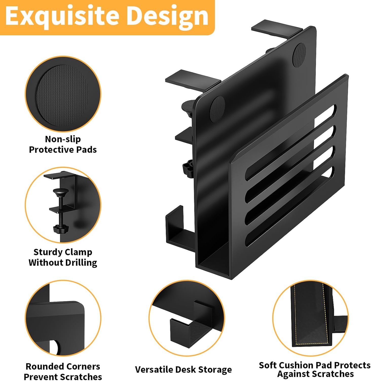 Space Saving Desk Side Storage No Drilling Under Desk Laptop Holder with Headphone Holder Cable Management Tray Carbon Steel Clamp Desk Storage Shelf Anti-Slip Magazine Holder for Home Office