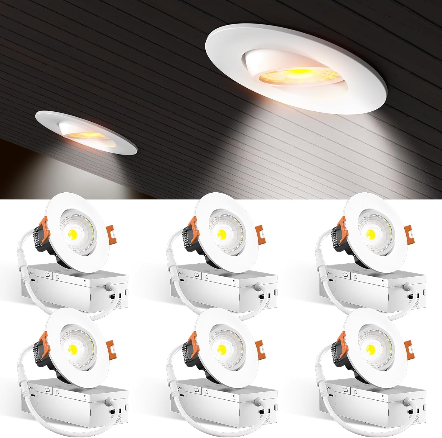 Amico 3 Inch 6 Pack 5CCT Eyeball LED Recessed Lighting, 360° Adjustable Rotation Gimbal Directional Downlight, Dimmable, 2700K/3000K/3500K/4000K/5000K Selectable, 8W 600LM CRI90+, White, ETL&FCC