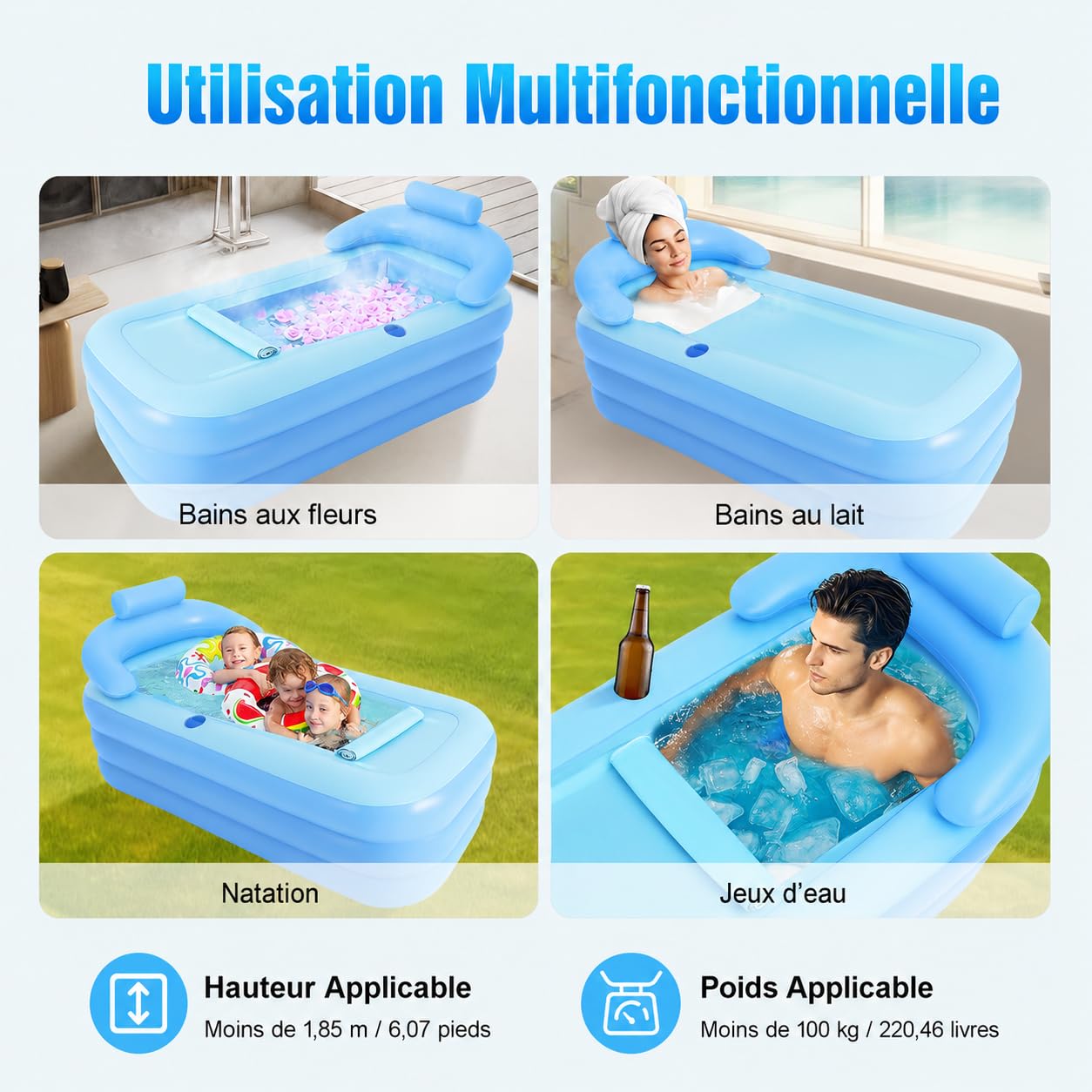 Baignoire gonflable pour adultes, baignoire mobile pliable avec fond confortable, baignoire pliante avec couvercle amovible et plateau, baignoire gonflable pour spa, bain de glace, camping, 160 × 84 ×