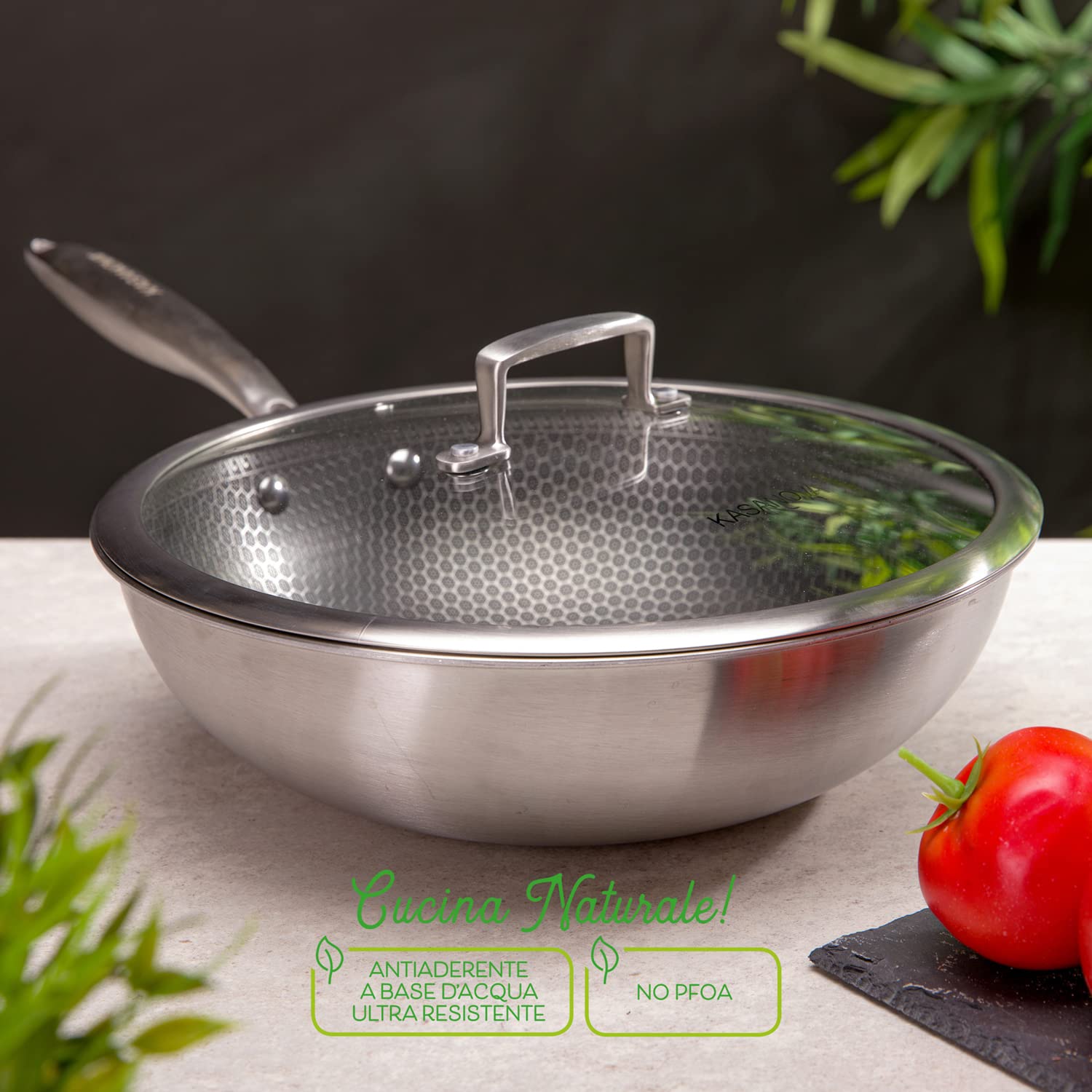 KASANOVA Wok antiaderente con rivestimento nido d'ape 28 cm Tri-ply, con coperchio in vetro
