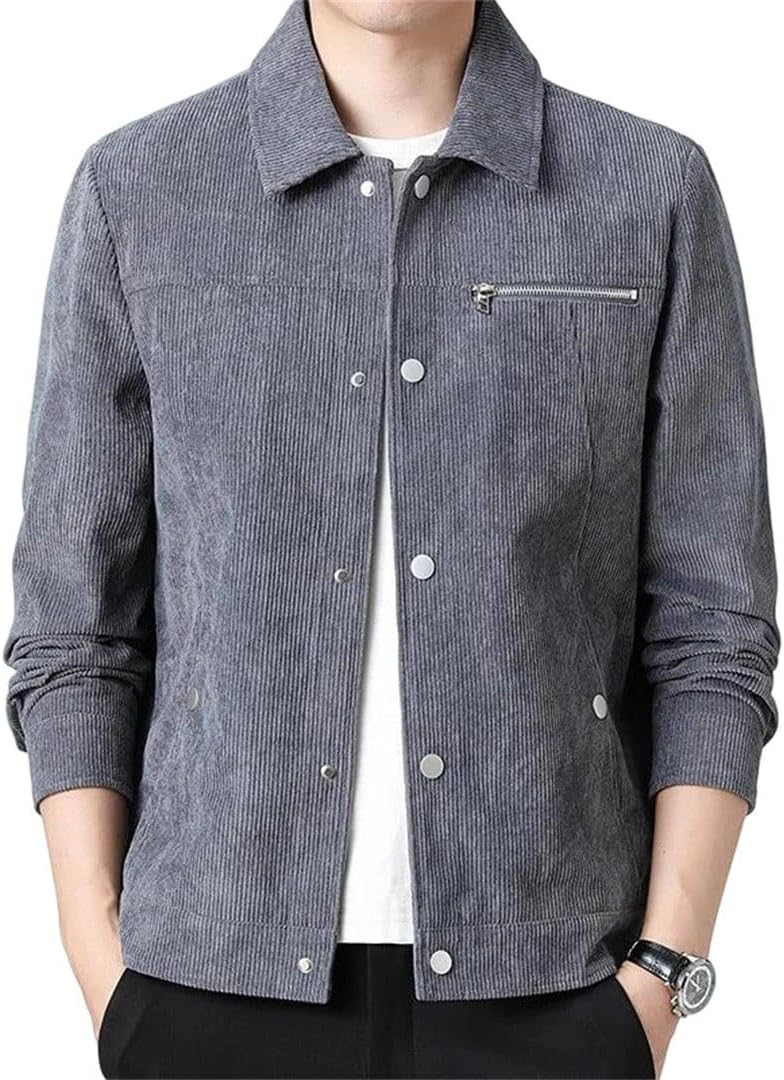 Men Jackets Solid Color Corduroy Outerwear Turn Down Collar Slim Bomber Coat