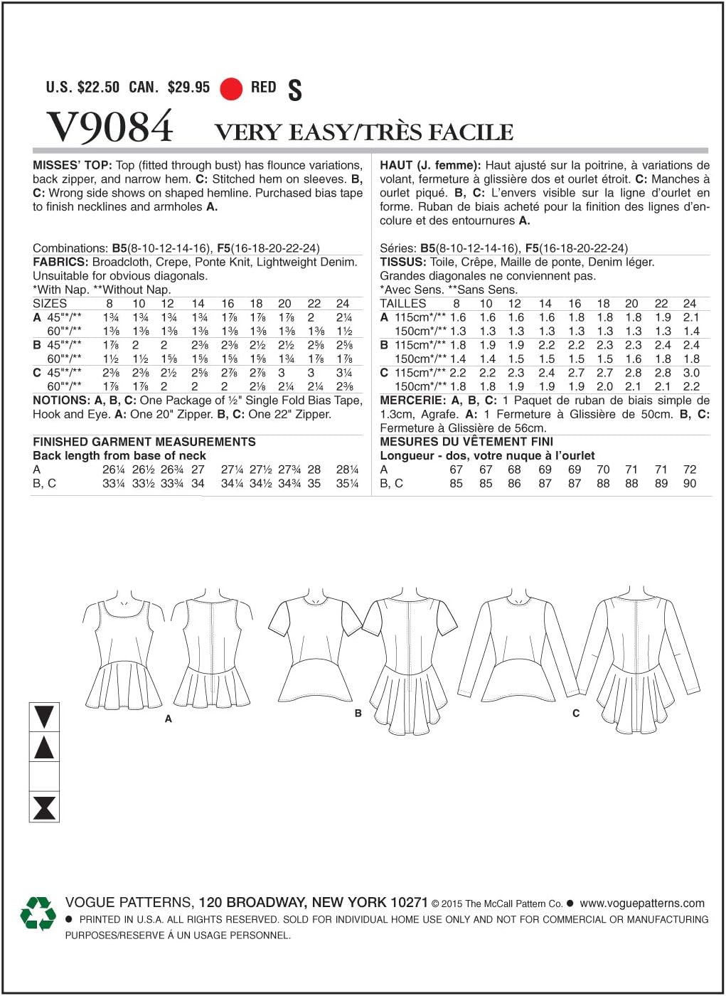 Amazon Com Vogue Patterns V9084b50 Misses Top Sewing Template Size B5 8 10 12 14 16 Arts Crafts Sewing