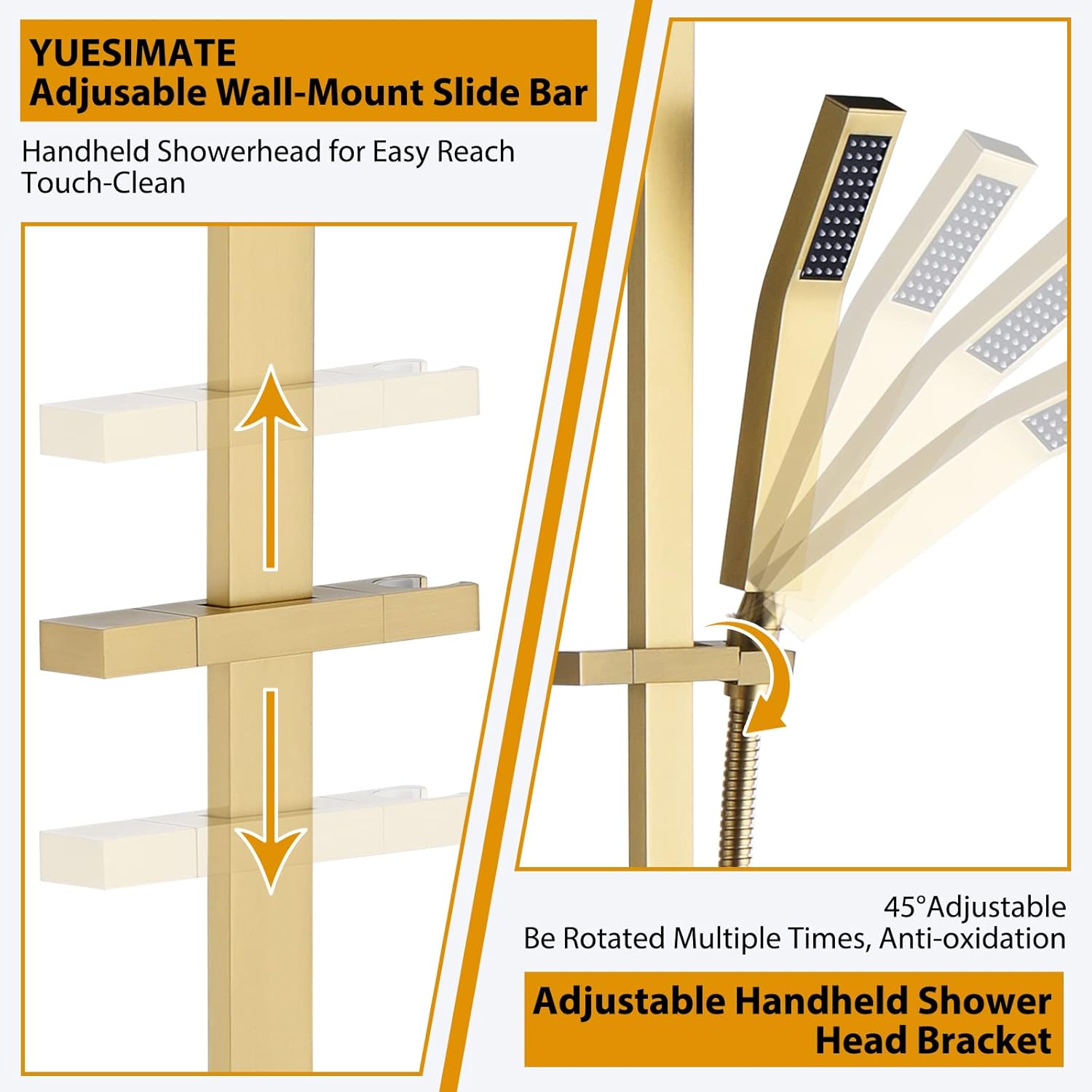 Solid Brass Hand Shower with Slide Bar, Shower Slide Bar 28-Inch with Adjustable Square Handheld Shower Head for Bathroom Wall Mount，59 in Stainless Steel Hose, Brushed Gold,YS001BG