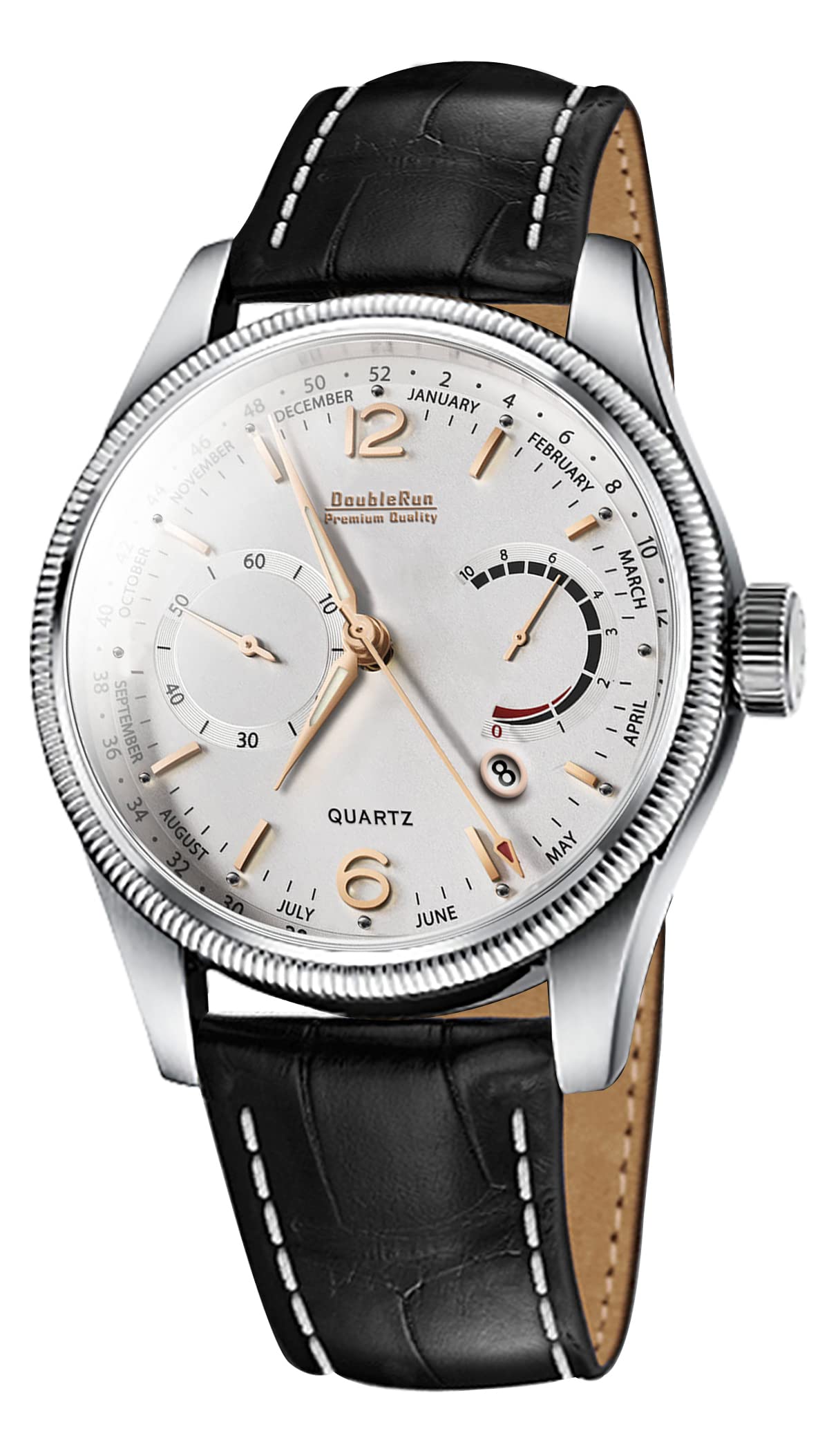 Doublerun DD4_8026 3D Glass Date Display Leather Strap Analog Watch - for Men (Silver) (B0B3QVNDXG) Amazon Price History, Amazon Price Tracker