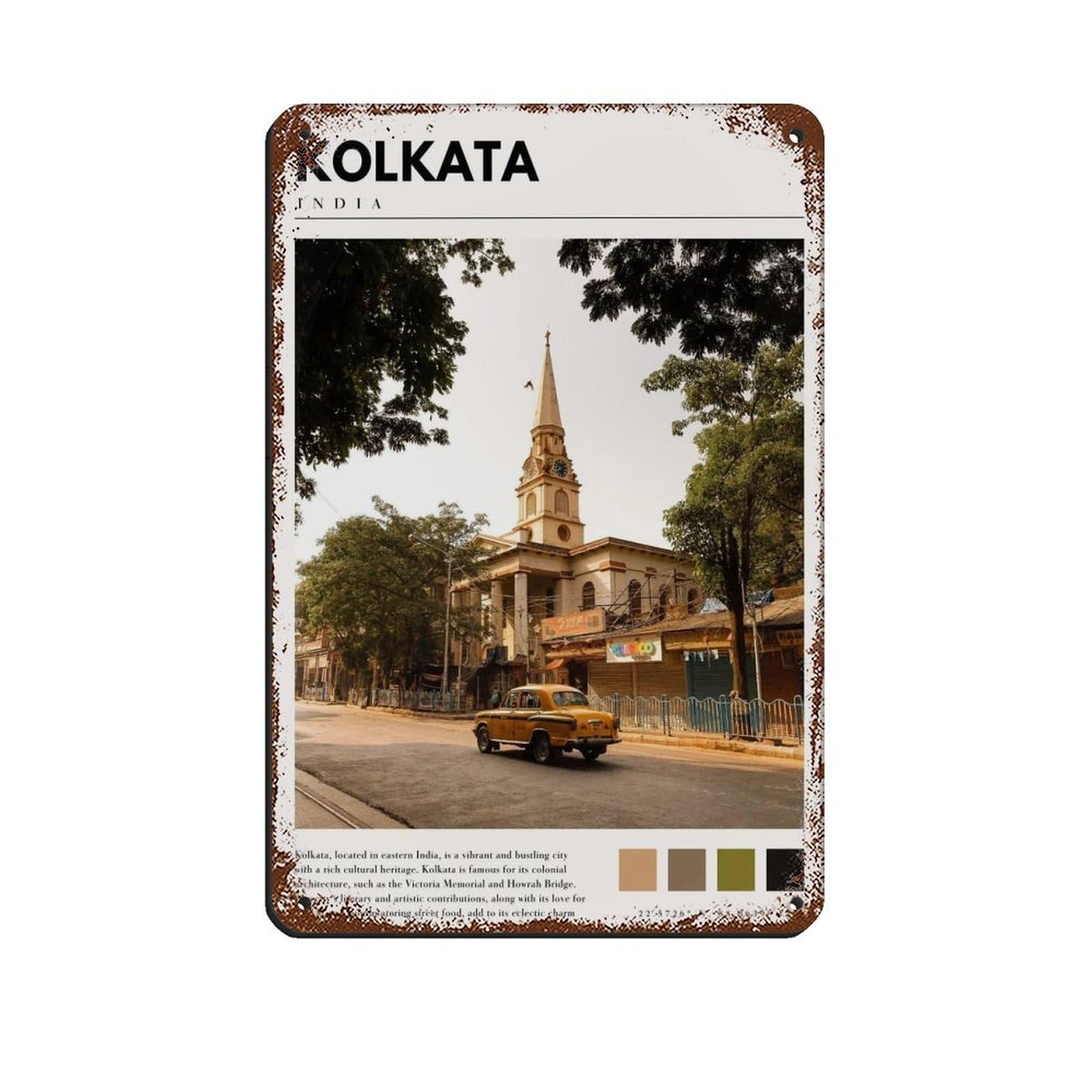 Kolkata Poster Kolkata Art Retro Poster Metal Tin Sign Chic Art Retro Iron Painting Bar People Cave Cafe Family Garage Poster Wall Decoration 8x12inch(20x30cm)