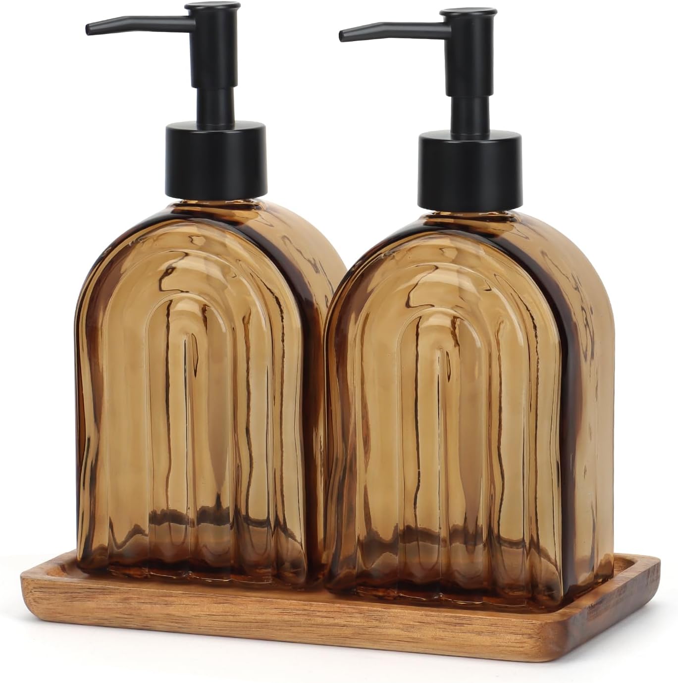Glass Soap Dispenser Set with Wooden Tray, 13.5Oz Refillable Liquid Modern Soap Dispenser with Plastic Pump for Hand and Dish Set for Bathroom Countertop Decor (Dark Brown)