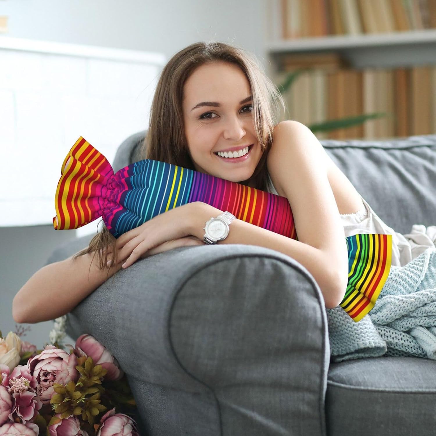 Rainbow Pattern Print Candy Cylindrical Comfortable Pillow Throw Pillows Home Decor Easy Maintenance