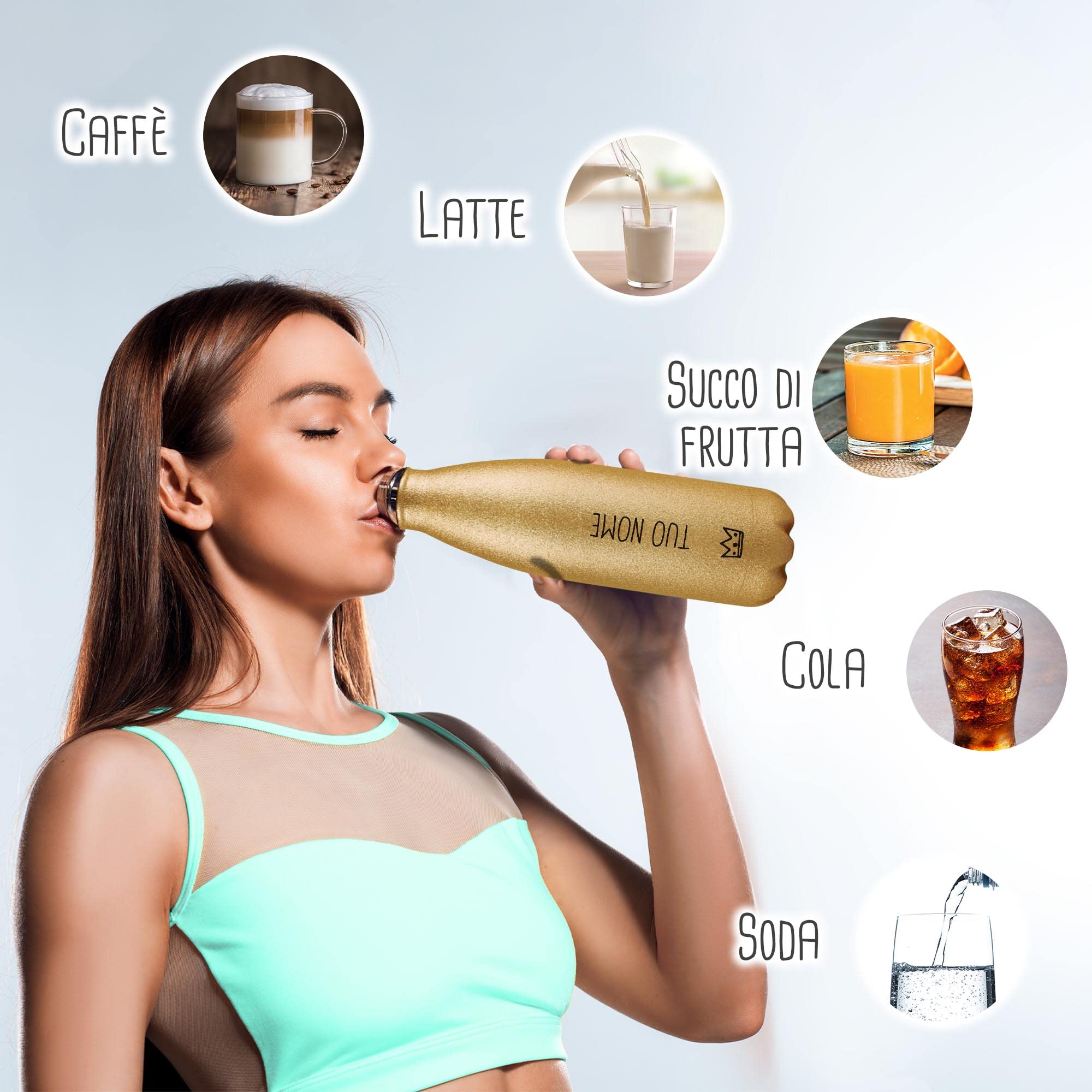 Borraccia Termica Glitterata 500 Ml In Acciaio INOX 18/8 – Ideale Per Sport, Scuola E Viaggi – Oro Glitter