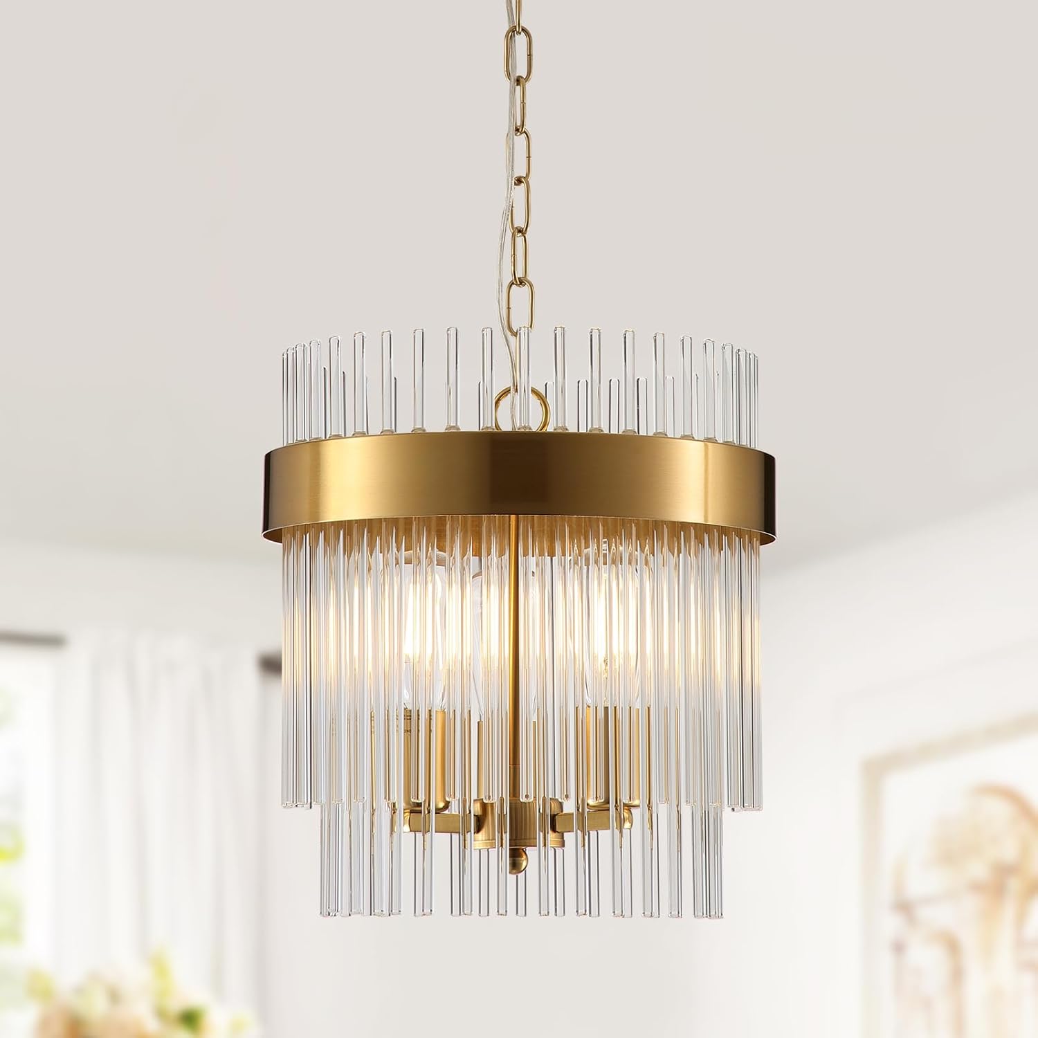 Dijiahua 3-Light Gold Pendant Lights Kitchen Island, 2-Tiers Crystal Pendant Light Fixtures Over Table, 12.6''Dia Brass Dining Room Glam Chandelier,Modern Adjustable Cord Hanging Lamp for Bedroom 12.6''-Gold 1Pack