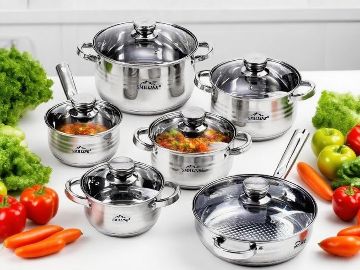 SMHLINE® 12-tlg Topfset Töpfe Set induktionsgeeignet Kochtopf Set Pfannen Edelstahl Kochgeschirr Pfannenset Glasdeckel Küchensets Bratpfanne