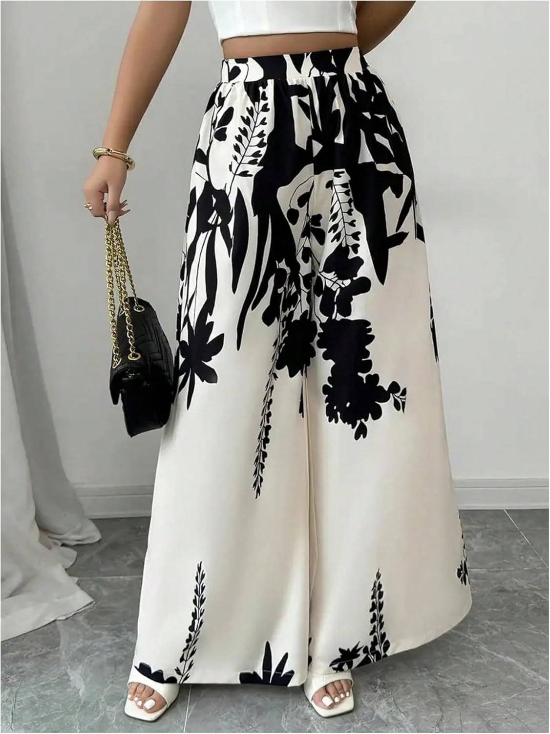 MakeMeChic Women's Boho Fall Floral Print Pants Business Work Elastic Waist Wide Leg Trousers - Image 2