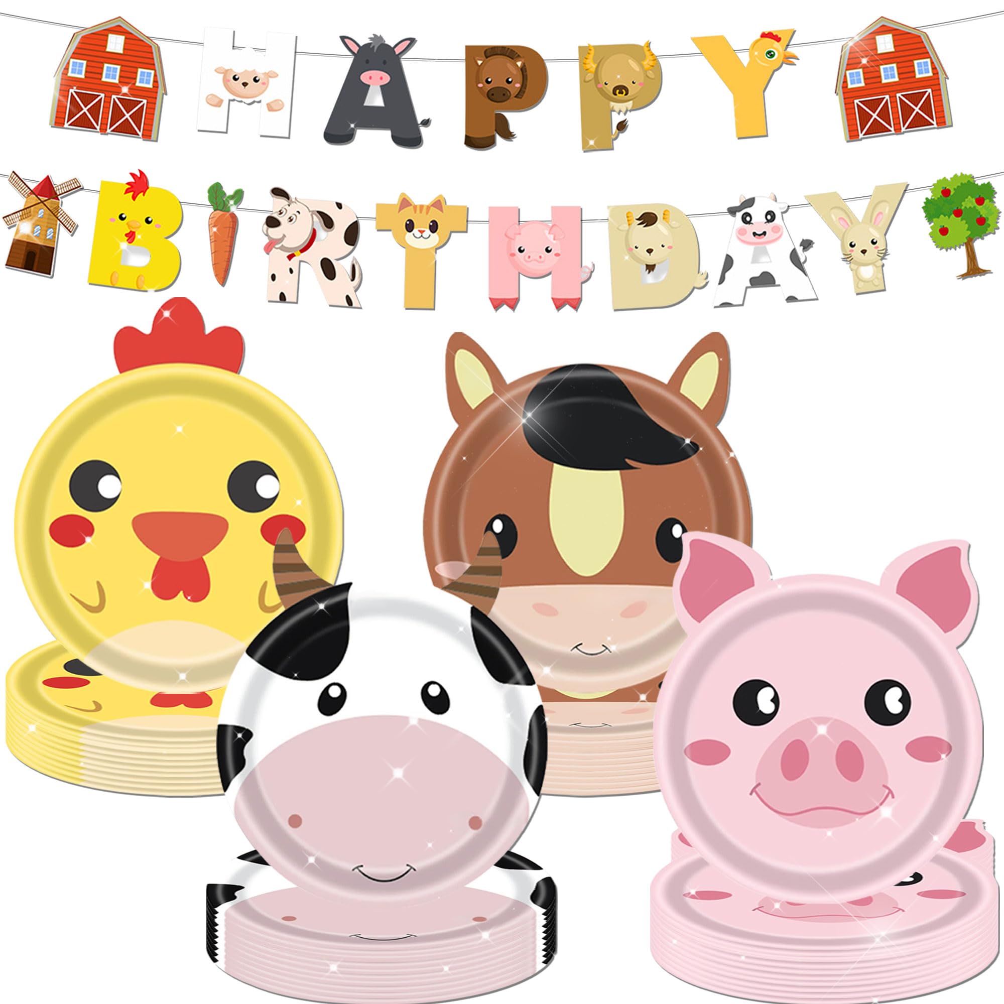 JeVenis platos de papel con animales de granja vajilla desechable granja | platos de papel con animales de granja vajilla desechable granja bandera de cumpleaños accesorios para fiestas de cumpleaños