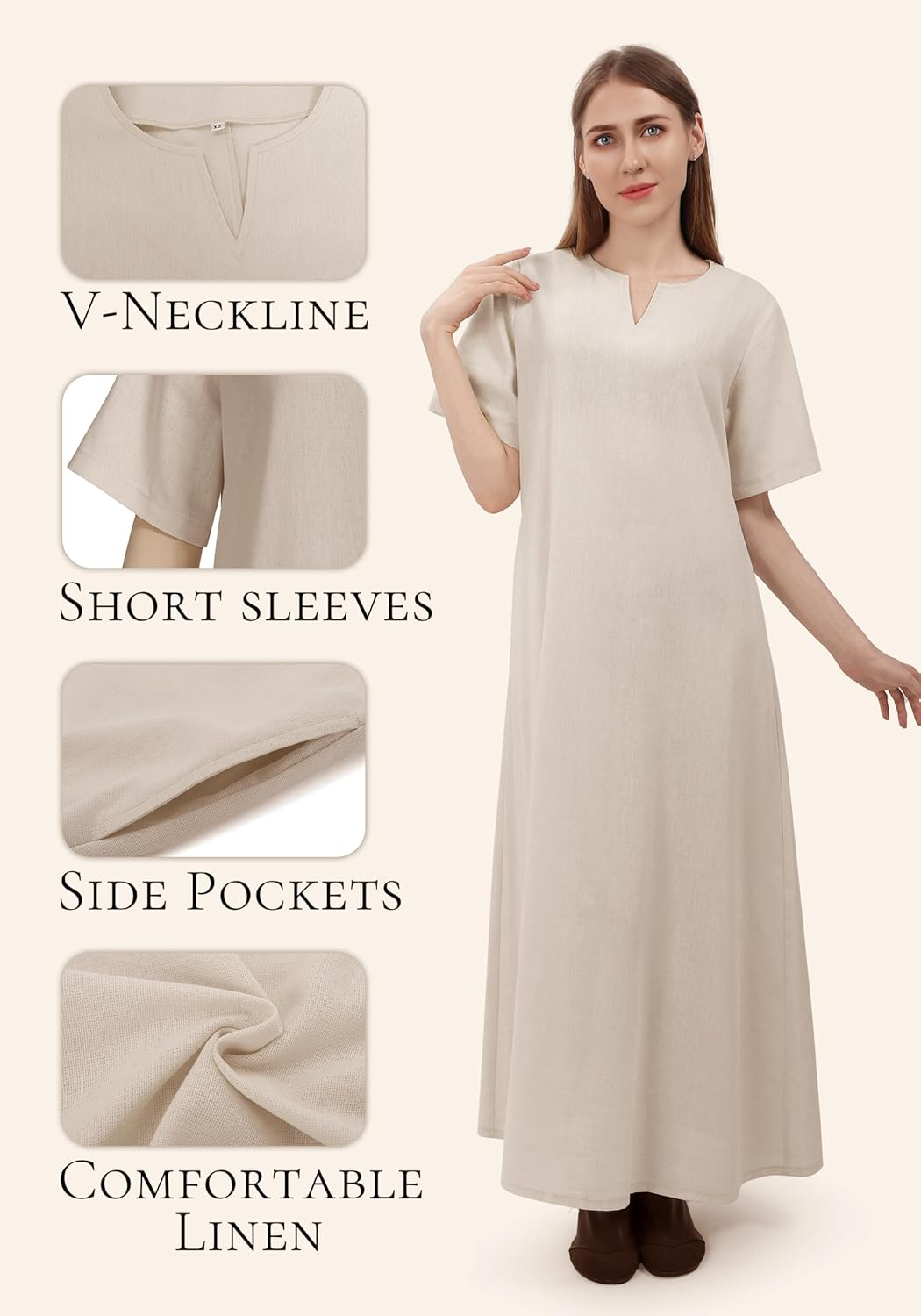 FURPHI Medieval Linen Underdress Short Sleeves Tunic Peasant Dress Cosplay Costumes for Women - Image 4
