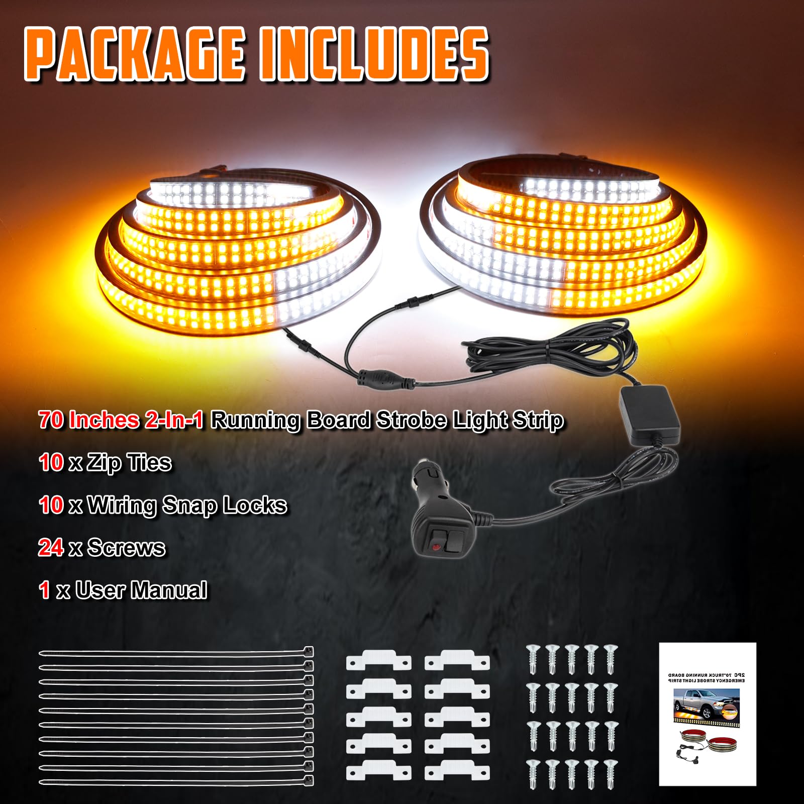 Luz LED 2 en 1 para Estribo de 70 Pulgadas, Tiras de luz estroboscópica de Emergencia, Barra de luz estroboscópica LED ámbar y Blanca, 1152 LED, Impermeable, luz estroboscópica de Seguridad