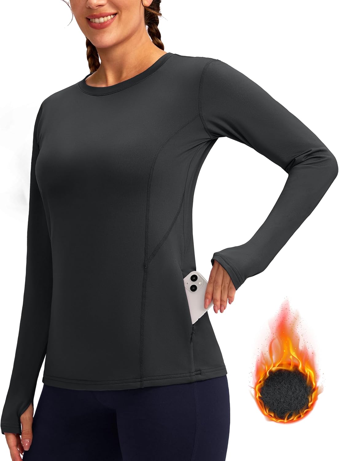 Women's Thermal Fleece Tops Long Sleeve Workout Shirts Running Athletic Base Layer with Thumb Holes Zipper Pocket