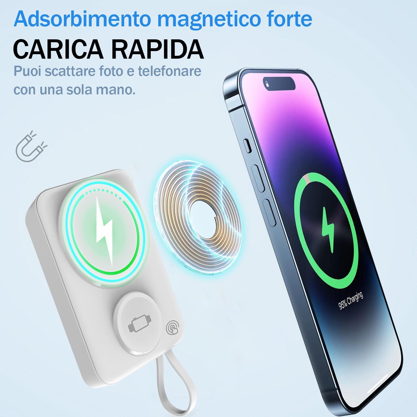 Podoru Power Bank Magnetico 10000mAh – Ricarica Wireless PD 22.5W Con Supporto Pieghevole Per IPhone 16/15/14/13/12, Blu