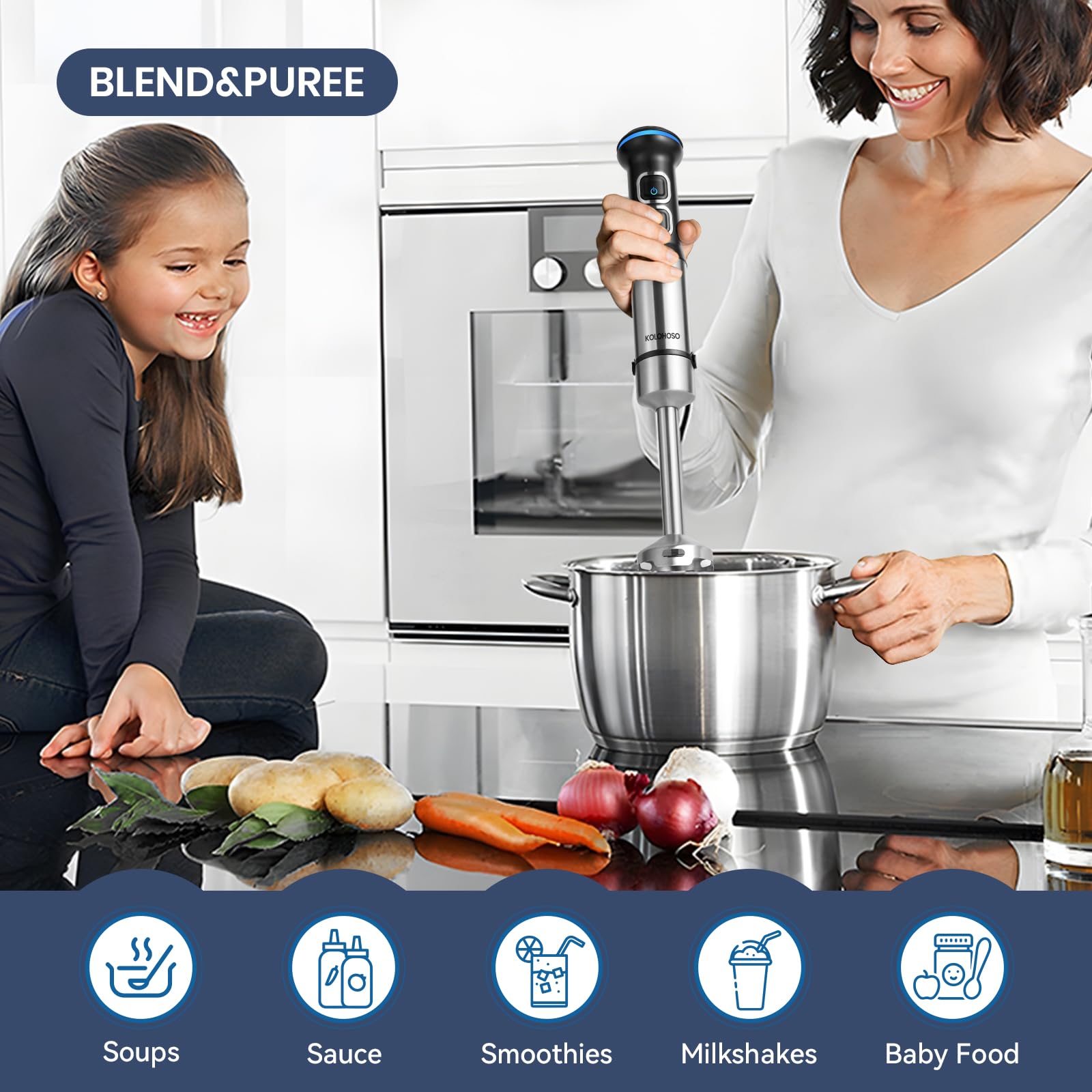 1500W Mixeur Plongeant 4 en 1 Mélangeur Plongeant 21 Vitesses Réglables | Mixeur Plongeur Anti-Éclaboussures Mixeur Blender 4 Lames en Acier Inoxydable avec Fouet 600ml Hachoir 800ml Récipient Doseur