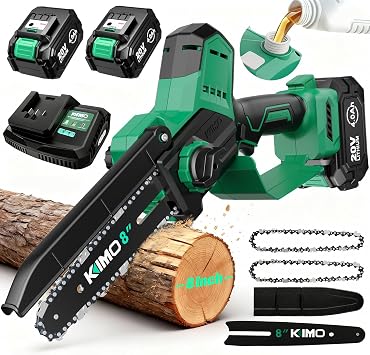 KIMO 8 Inch Mini Electric Chainsaw Cordless w/2 x 4.0Ah Battery & Fast Charger, 34 FT/S Powerful Cutting, Auto Oiler, Security Lock, Battery Operated Chainsaw for Wood Cutting Tree Trimming