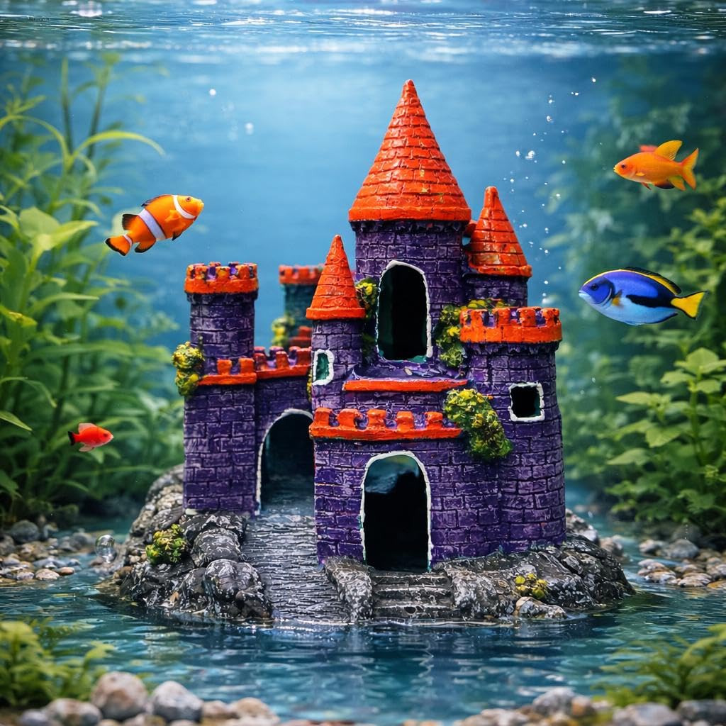 Aquarium Castle Decoration, Purple with Orange Roof, Fish Tank Ornament, Underwater Hideout-image-40