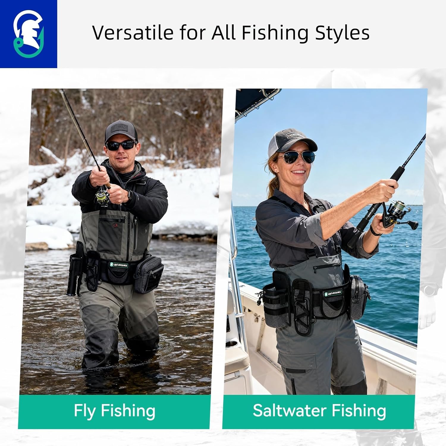 Modular Wading Belt Kit for Fly and Surf Fishing - Fixed Belly Rod Holder, 4 Detachable Modules, 2 D-Rings, Fits Waists 32" to 61" (Grey)