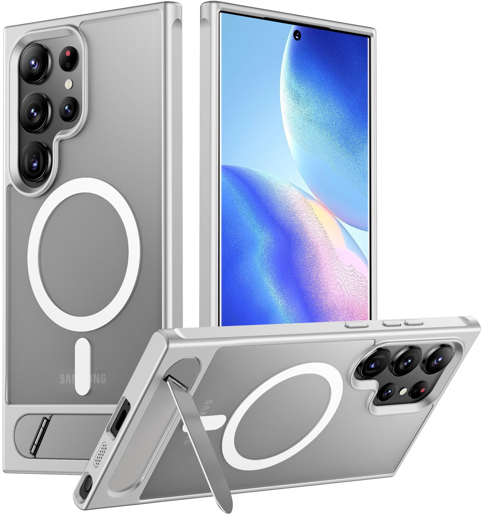 Temdan Magnetic for Samsung Galaxy S23 Ultra Case, [Innovate Stand][Military Grade Drop Protection][Non Slip][Translucent Matte] Shockproof Phone Case for Galaxy S23 Ultra 6.8" 2023 -Sliver