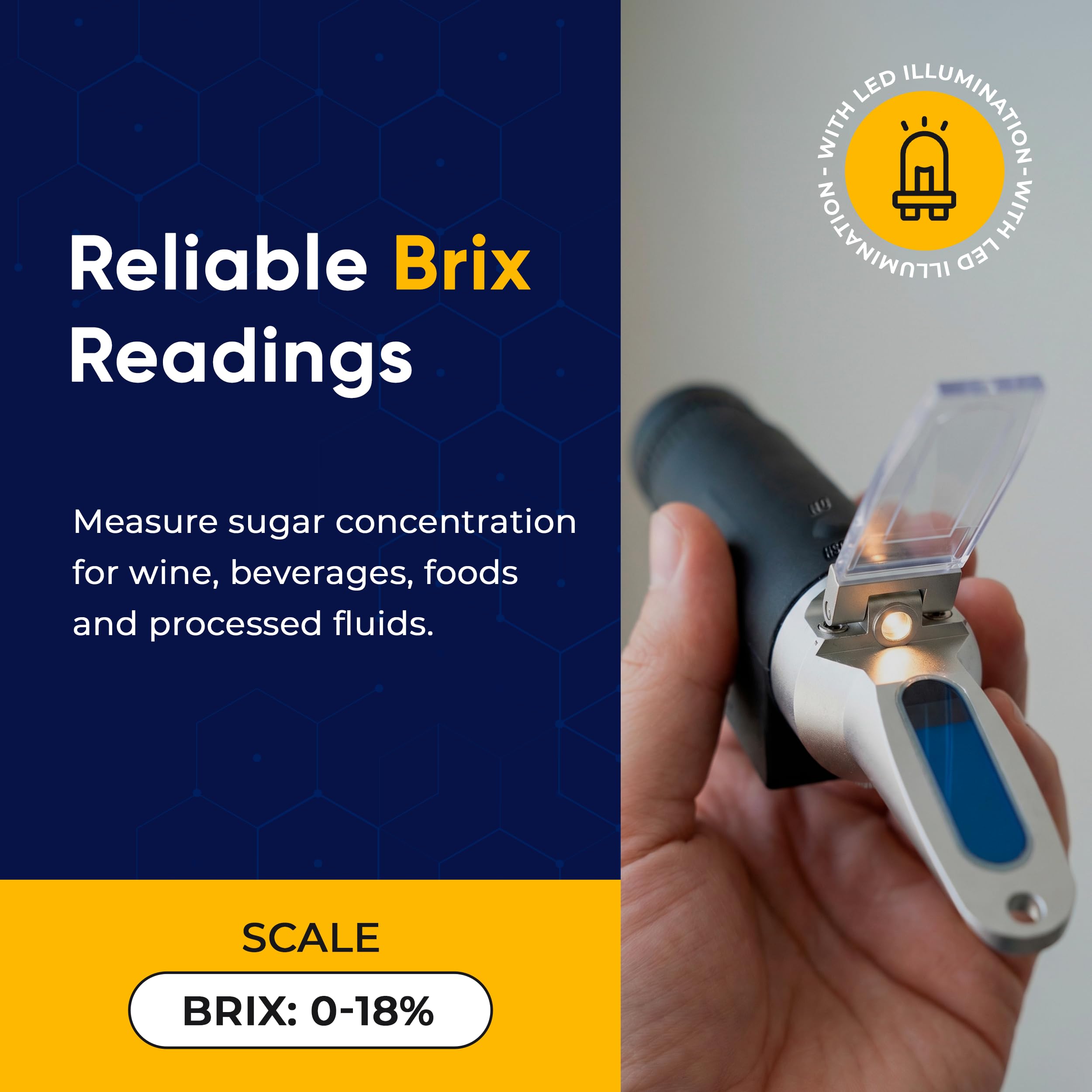 Refractómetro analógico de mano iluminado Brix del 0-18% con ATC, medidor Brix iluminado LED duradero para contenido de azúcar, pruebas y medición de jugos de frutas y verduras