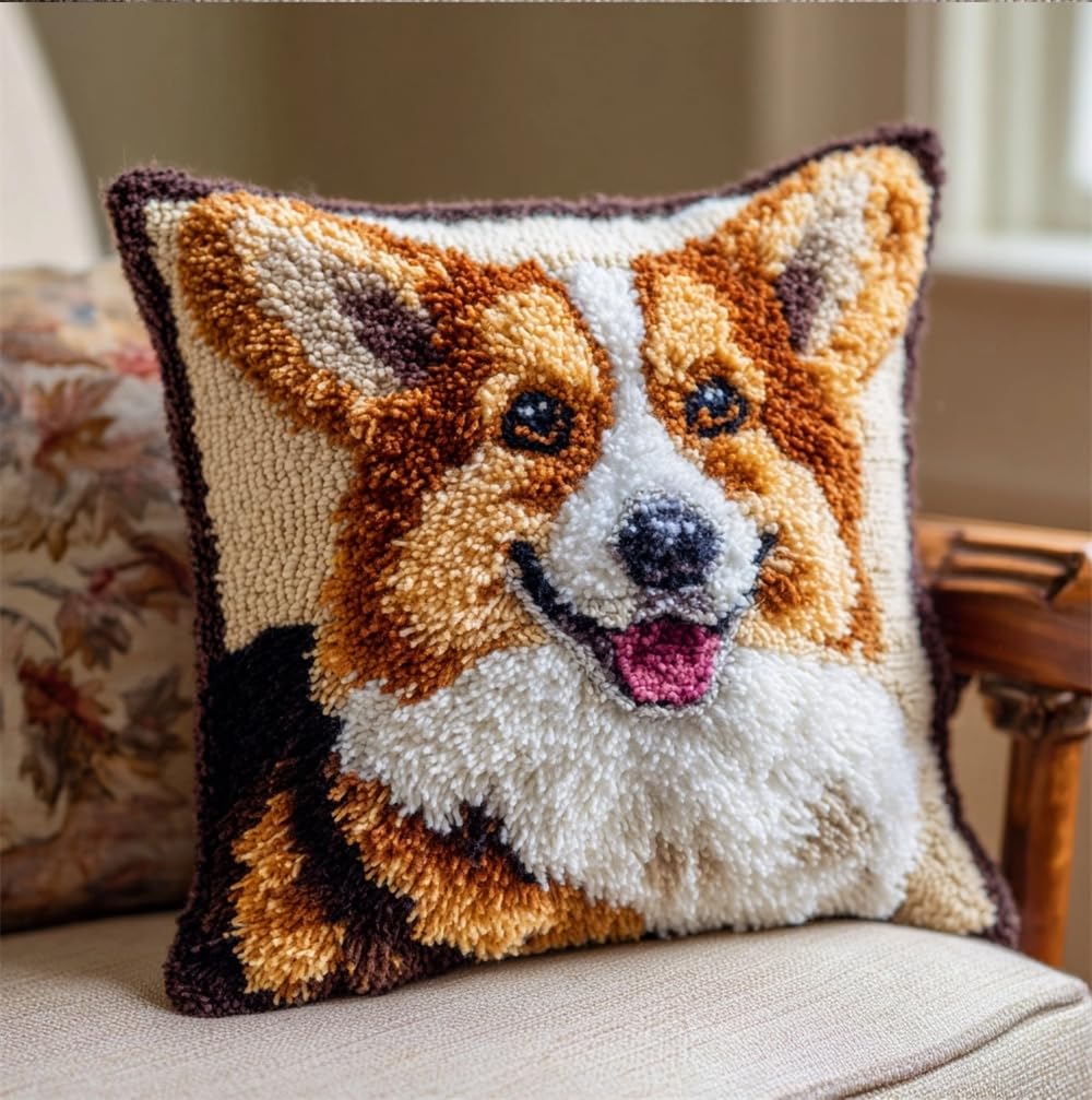 kitphoenix Pre Printed Latch Hook Pillow Kit Corgi