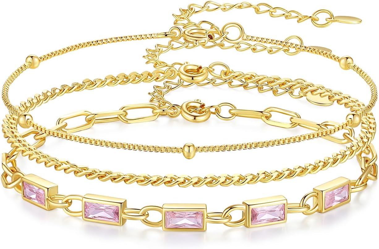 Gold Birthstone Bracelet for Women, 18K Gold Plated Layered Jewelry Bracelet Set, Womens Dainty Stackable Bracelets Link Paperclip Chain Valentines Day Gift for Wife Her