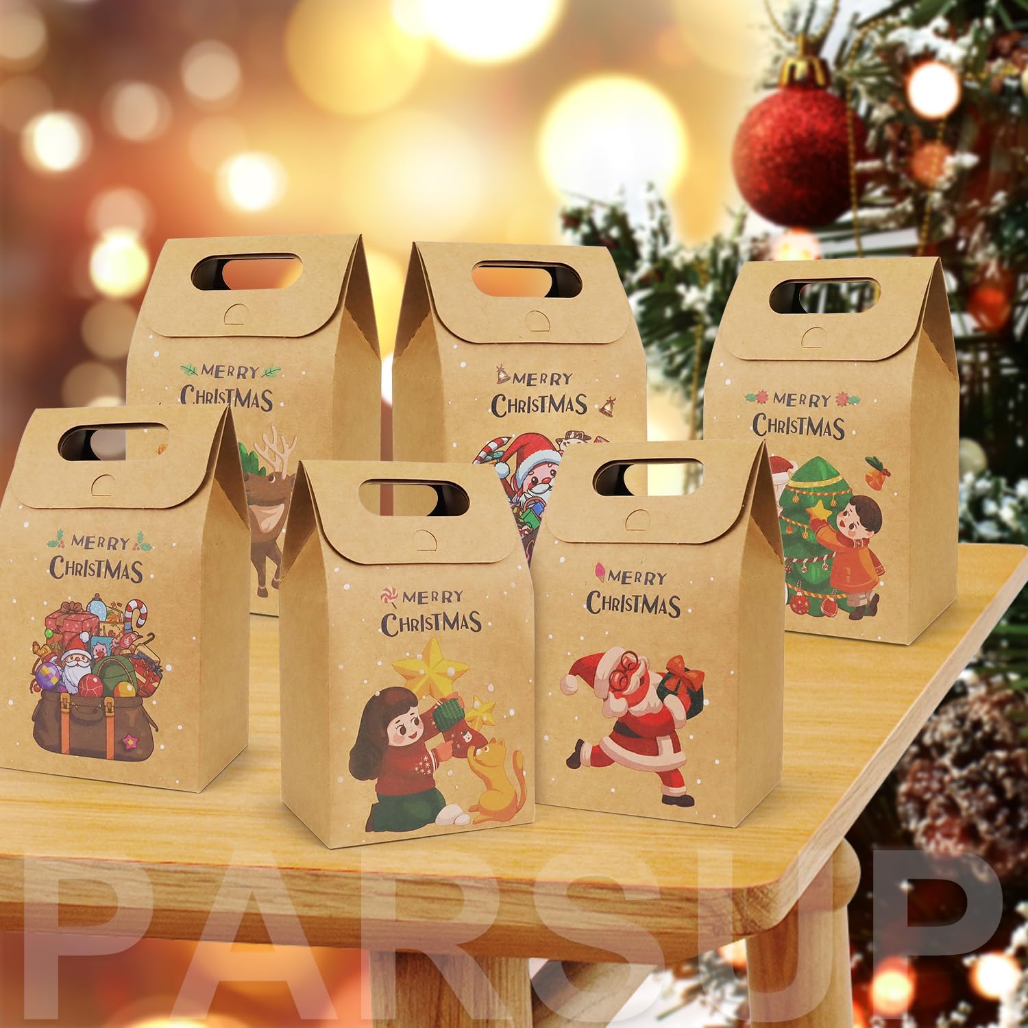 PARSUP 60pcs Christmas Gift Bags, Candy Cookie Kraft Treats Party Paper Boxes Bags Assorted Styles Xmas New Year Holiday Party Treat Candy Supplies Presents