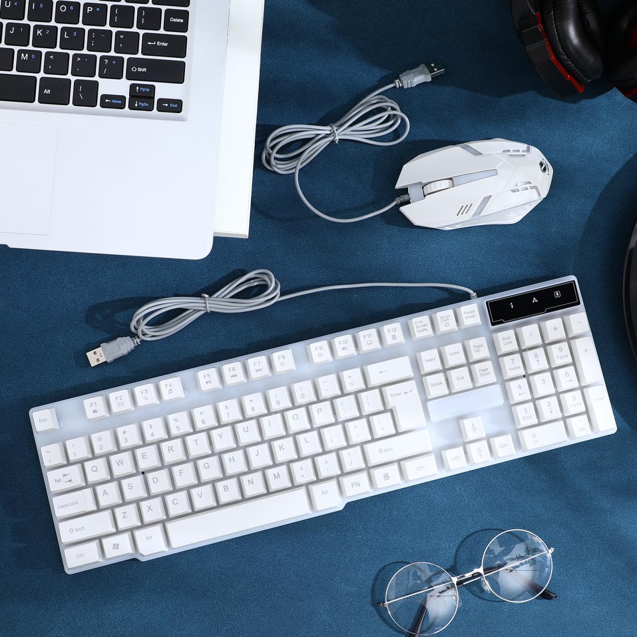 Angoily Set Tastiera Mouse Wired USB Ergonomico Tastiera Gamer Bianco con Retroilluminazione per PC Giochi E Uso Quotidiano