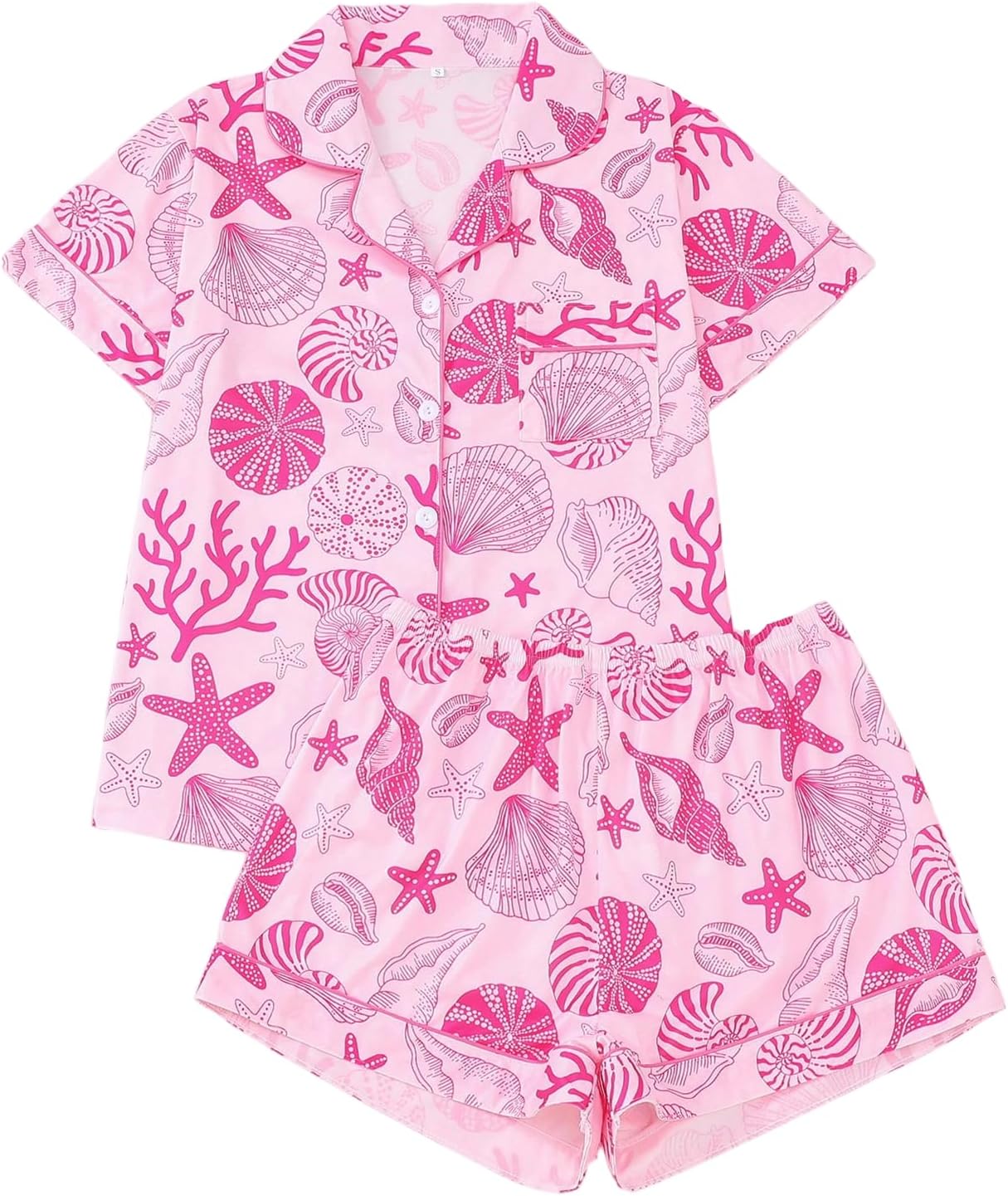 OYOANGLE Women's Button Down Pajama Set Seashell Graphic Short Sleeve Shirt and Shorts Pjs Sleepwear