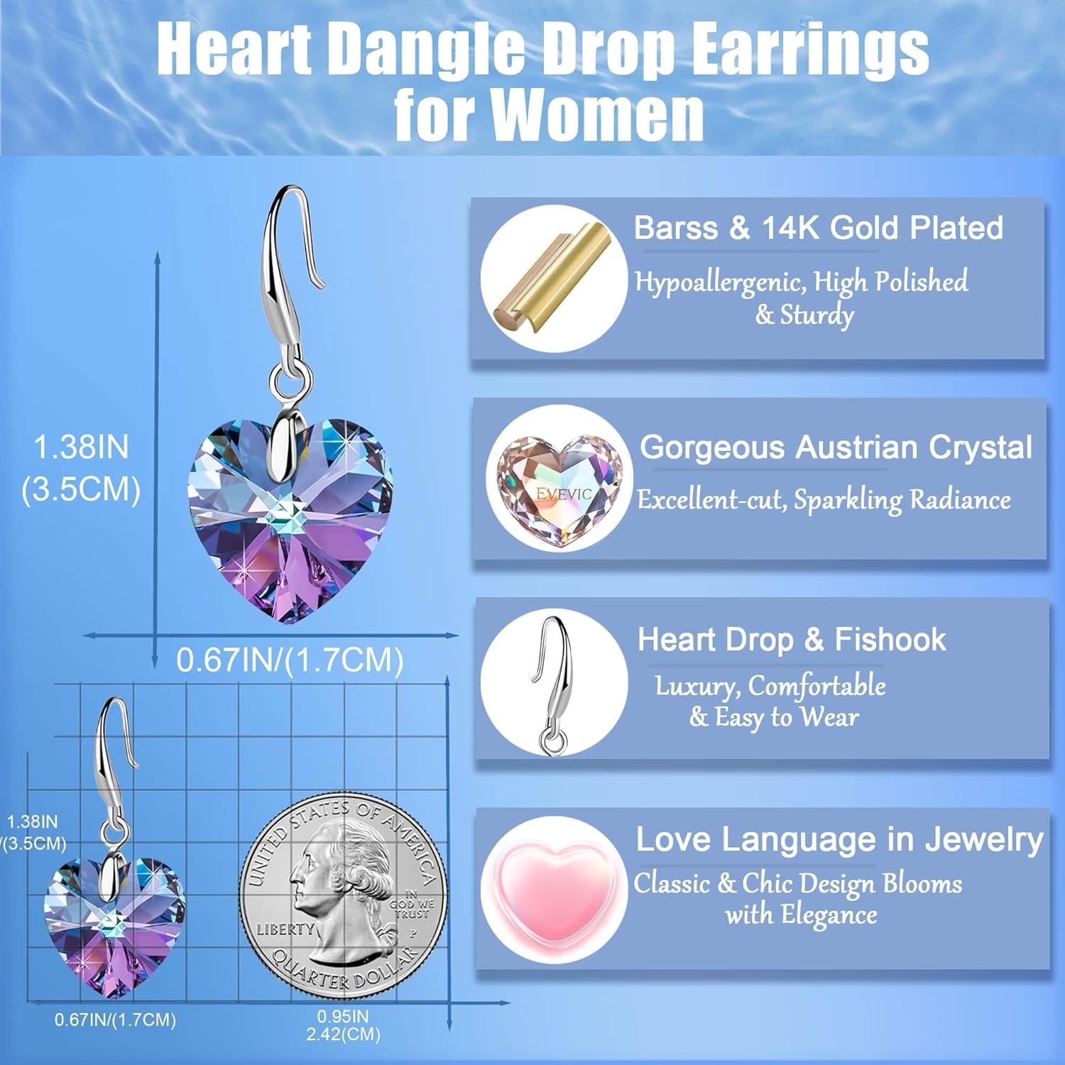 Austrian Crystal Heart Dangle Hook Earrings for Women Drop Earrings 14K Gold Plated Hypoallergenic Jewelry