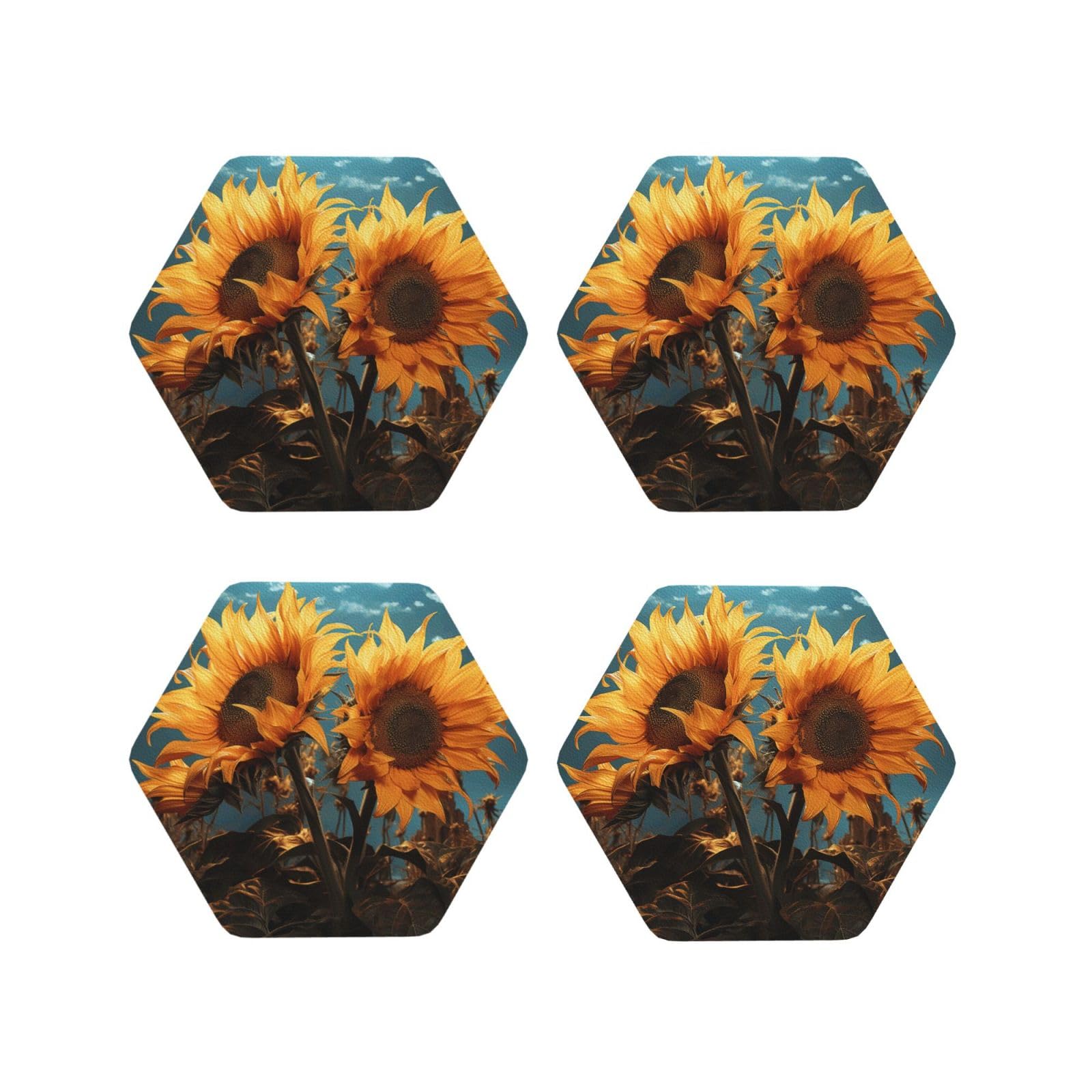 4pcs Drink Coasters for Tabletop Protection, 4" Leather Coasters for Drinks, Fantasy Sunflower Cup Coasters for Coffee Table Decor, Non-Slip Drinking Cup Mat for Hot Or Cold Drink
